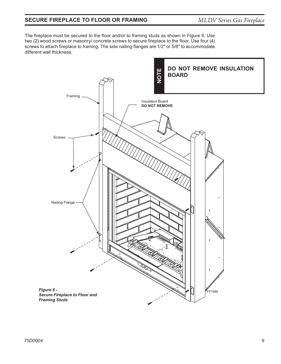 Fp1989 install fireplace, Mldv series gas fireplace | Monessen Hearth DIRECT VENT MLDV500 User Manual | Page 9 / 68