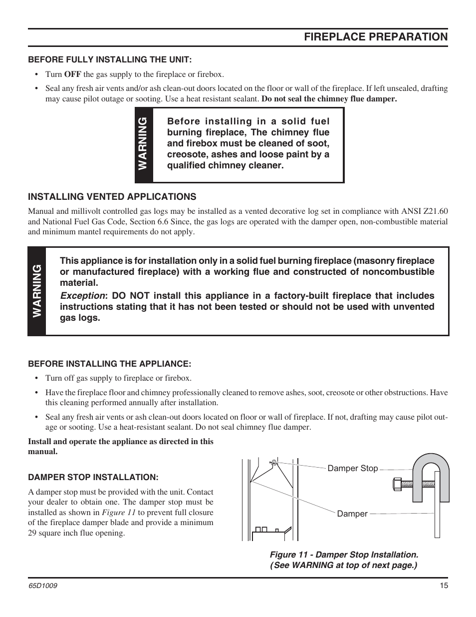 Fireplace preparation, Warning | Monessen Hearth MHSC EYF24 User Manual | Page 15 / 36