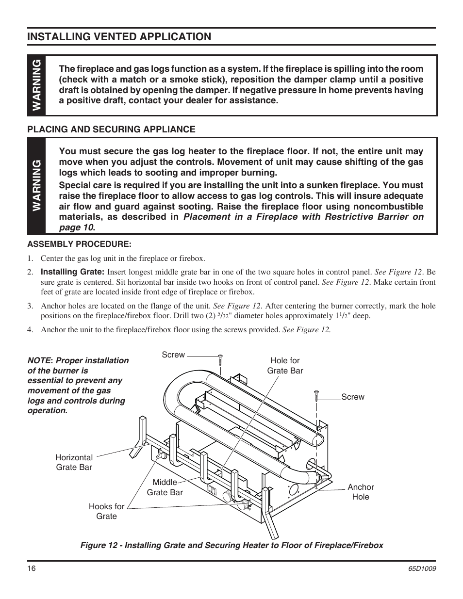 Installing vented application, Warning | Monessen Hearth MHSC EYF24 User Manual | Page 16 / 36