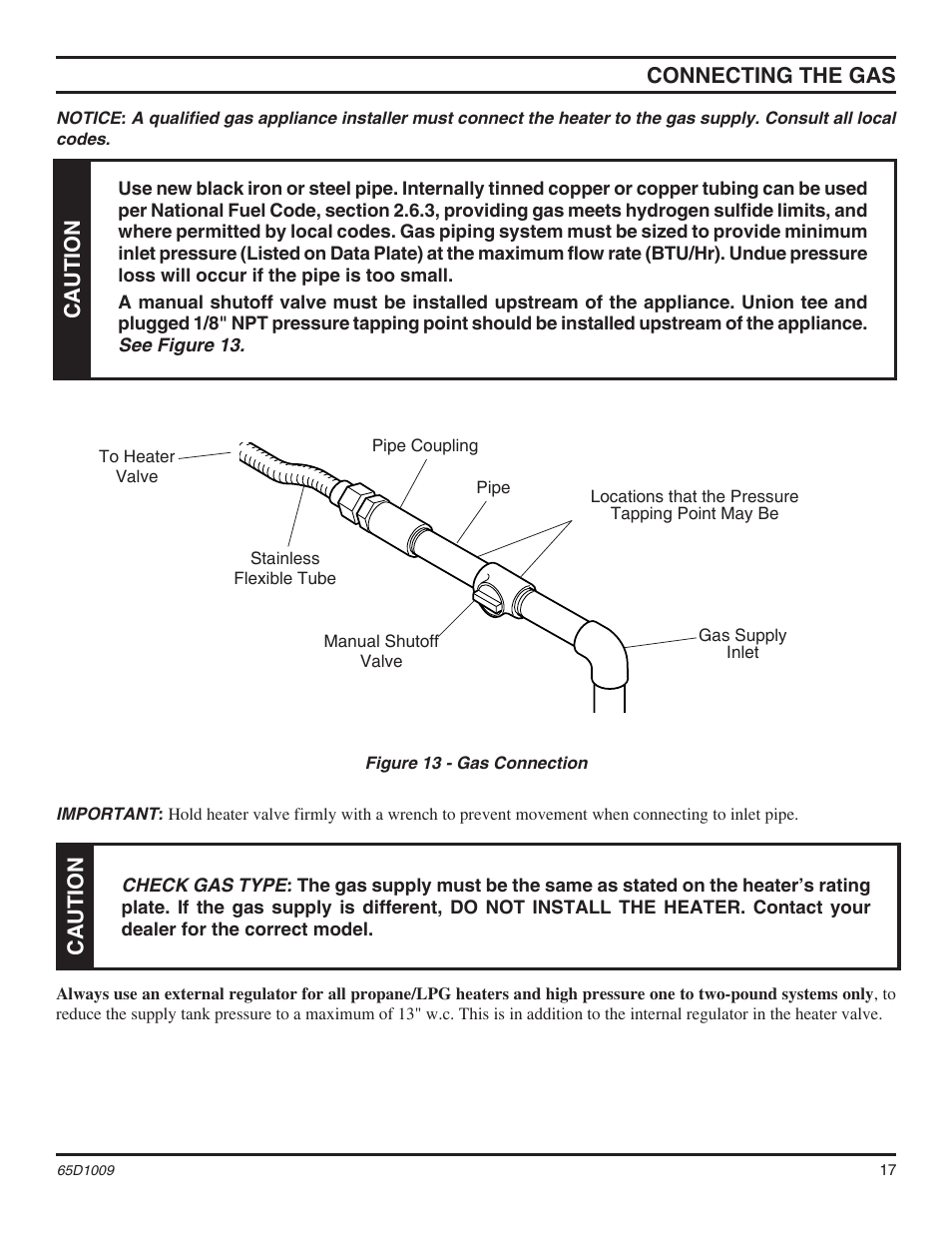Connecting the gas, Caution | Monessen Hearth MHSC EYF24 User Manual | Page 17 / 36
