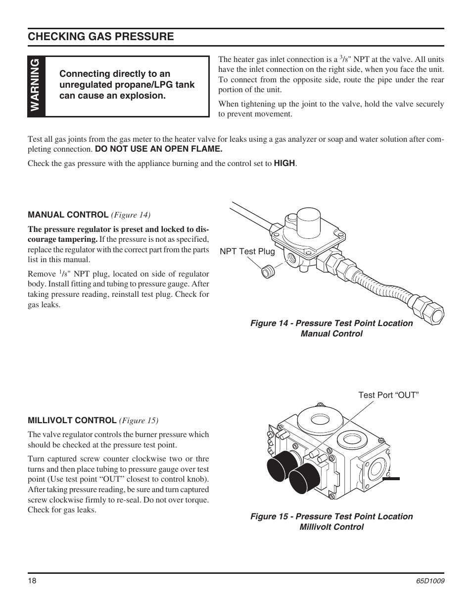 Warning checking gas pressure, Warning | Monessen Hearth MHSC EYF24 User Manual | Page 18 / 36