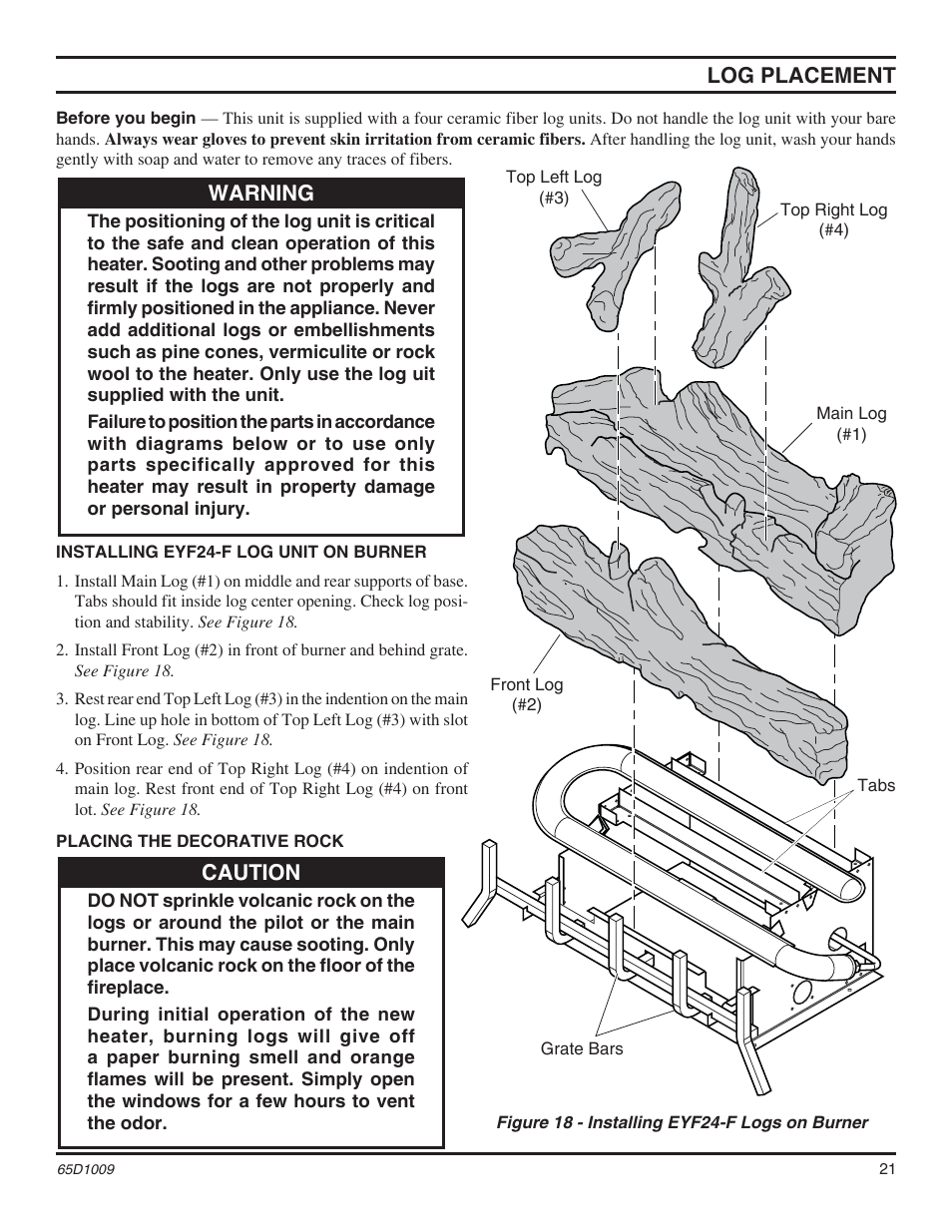 Log placement, Caution, Warning | Monessen Hearth MHSC EYF24 User Manual | Page 21 / 36