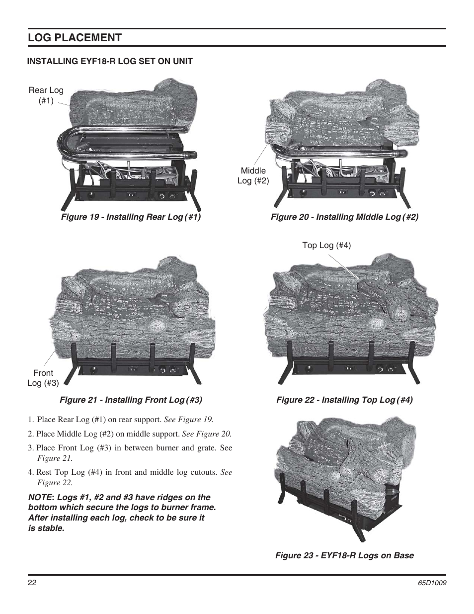 Log placement | Monessen Hearth MHSC EYF24 User Manual | Page 22 / 36