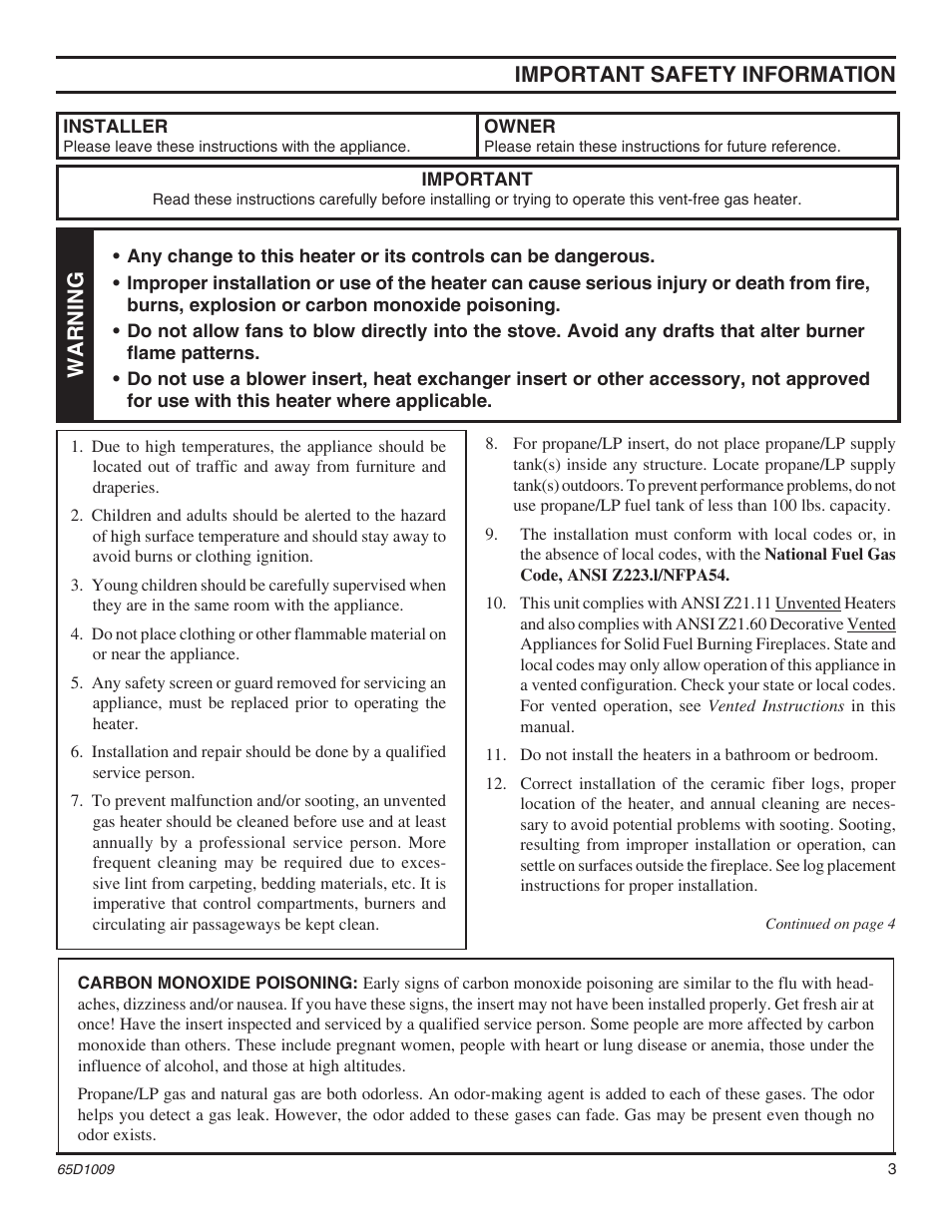 Important safety information, Warning | Monessen Hearth MHSC EYF24 User Manual | Page 3 / 36