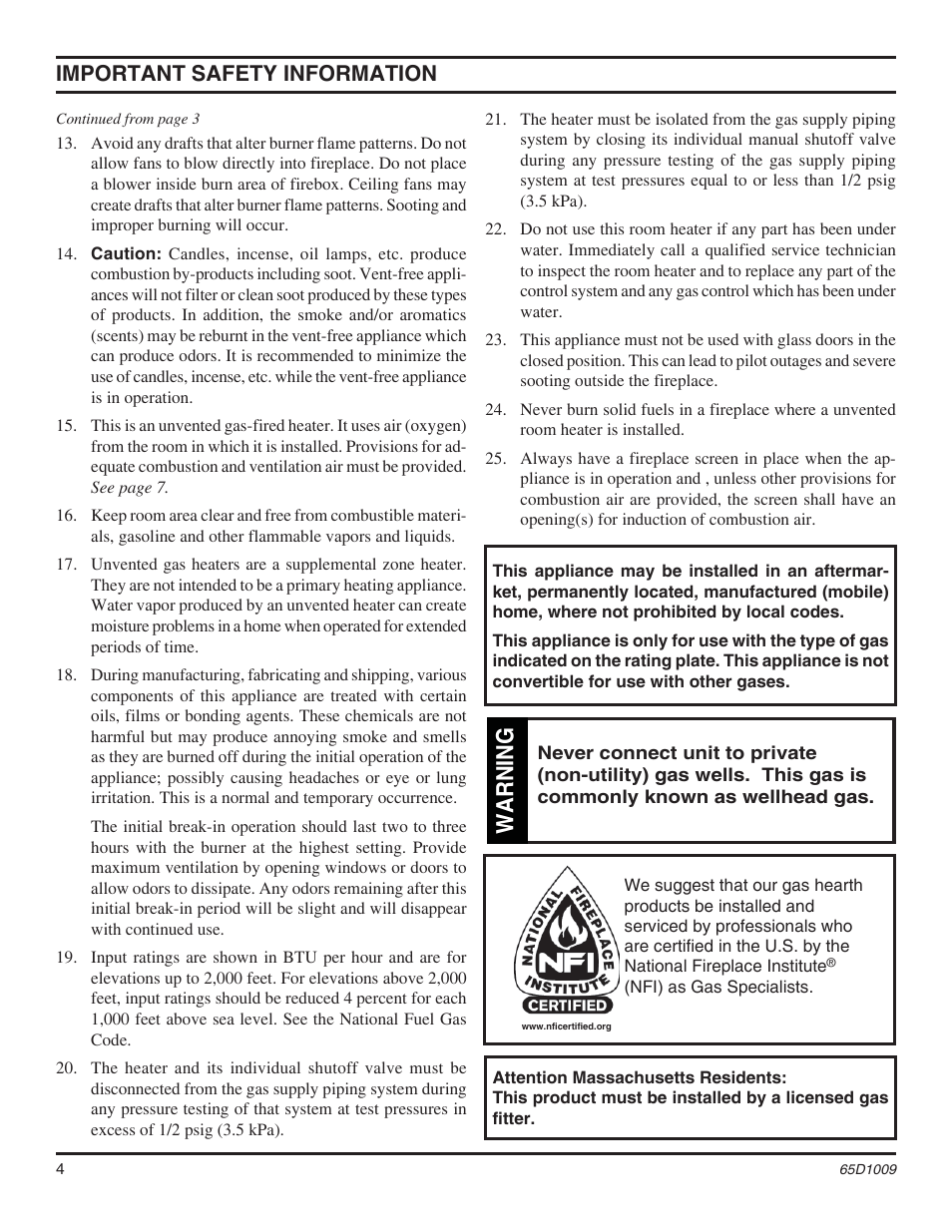 Warning, Important safety information | Monessen Hearth MHSC EYF24 User Manual | Page 4 / 36