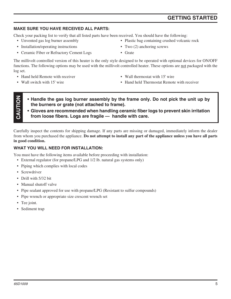 Getting started, Caution | Monessen Hearth MHSC EYF24 User Manual | Page 5 / 36