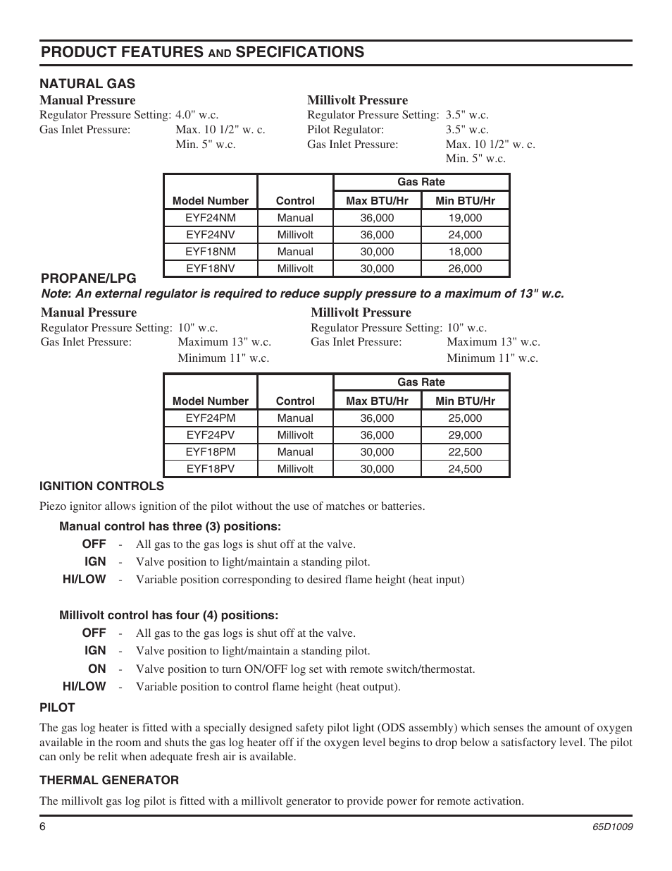 Product features, Specifications | Monessen Hearth MHSC EYF24 User Manual | Page 6 / 36