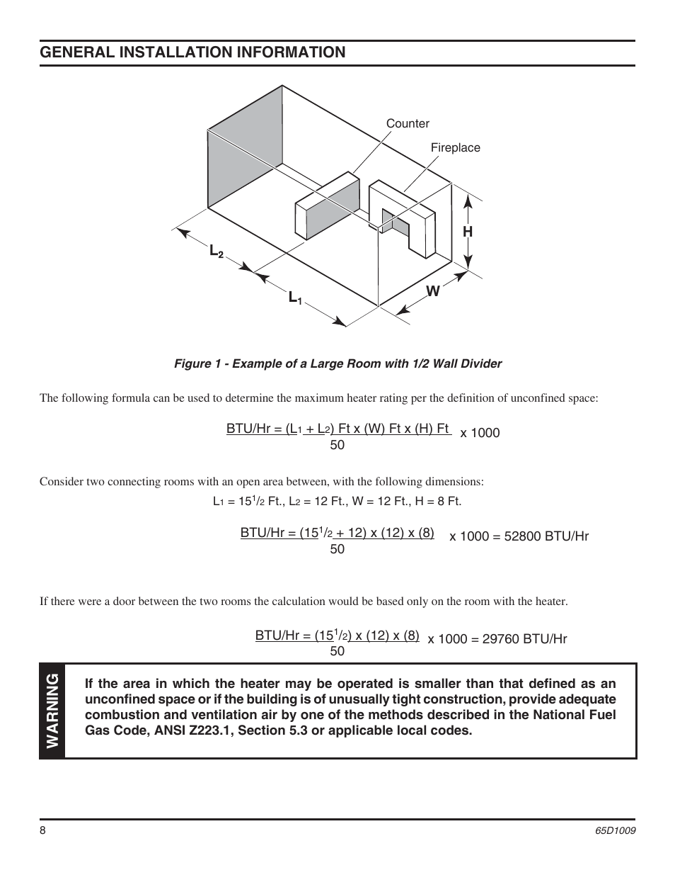 General installation information, Warning | Monessen Hearth MHSC EYF24 User Manual | Page 8 / 36
