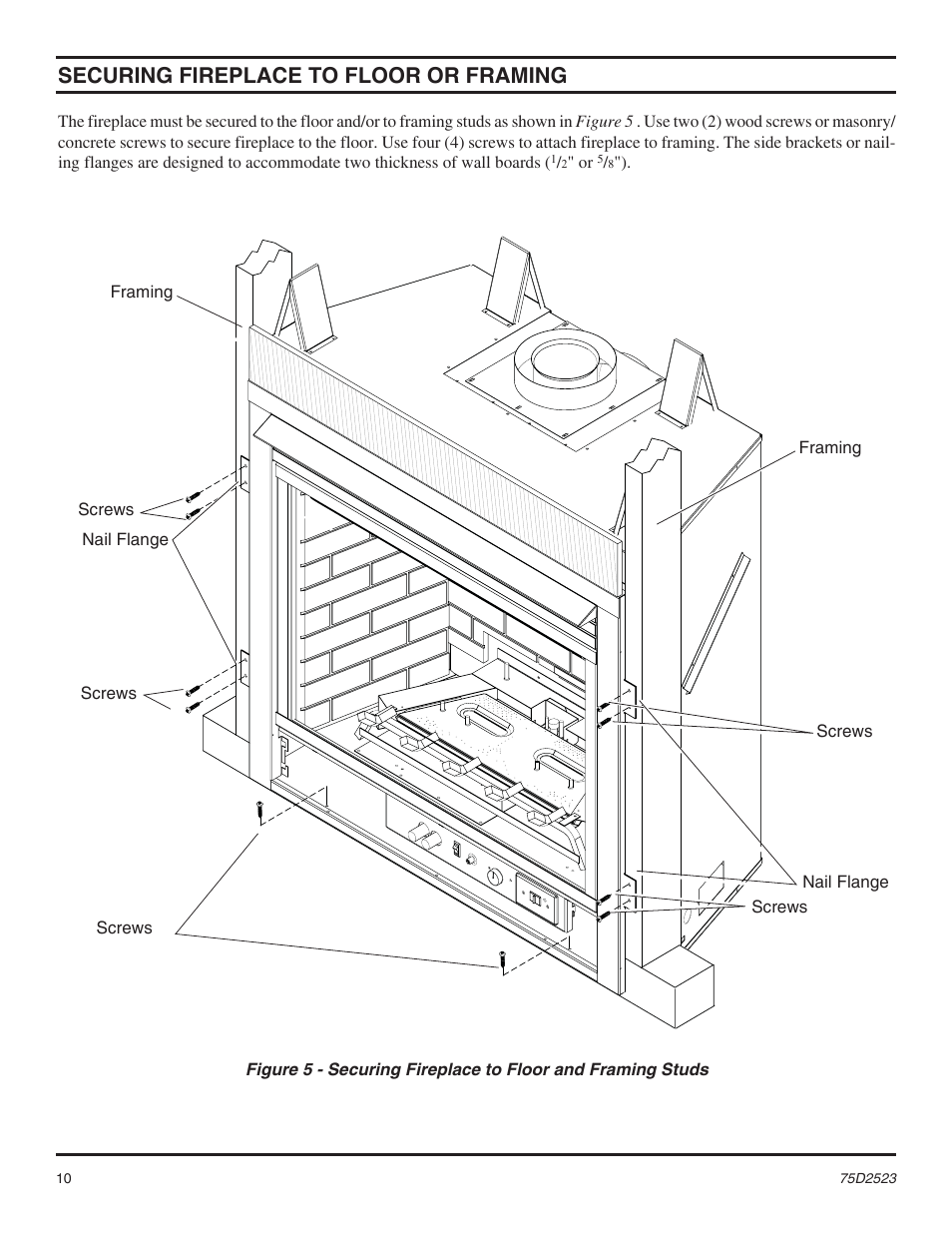 Securing fireplace to floor or framing | Monessen Hearth Direct Vent Gas Fireplace MDV500 User Manual | Page 10 / 60