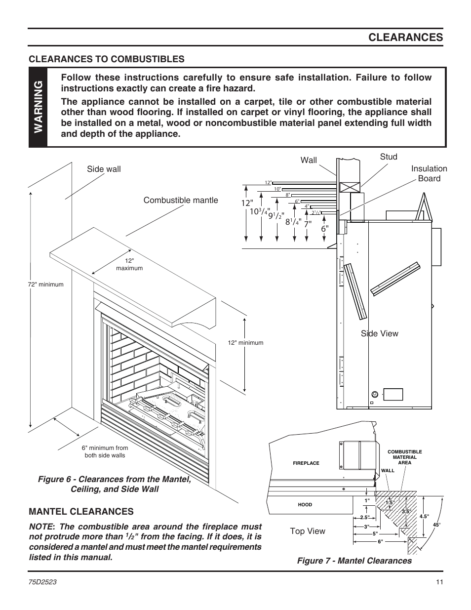 Clearances, Warning, Clearances to combustibles mantel clearances | Figure 7 - mantel clearances | Monessen Hearth Direct Vent Gas Fireplace MDV500 User Manual | Page 11 / 60