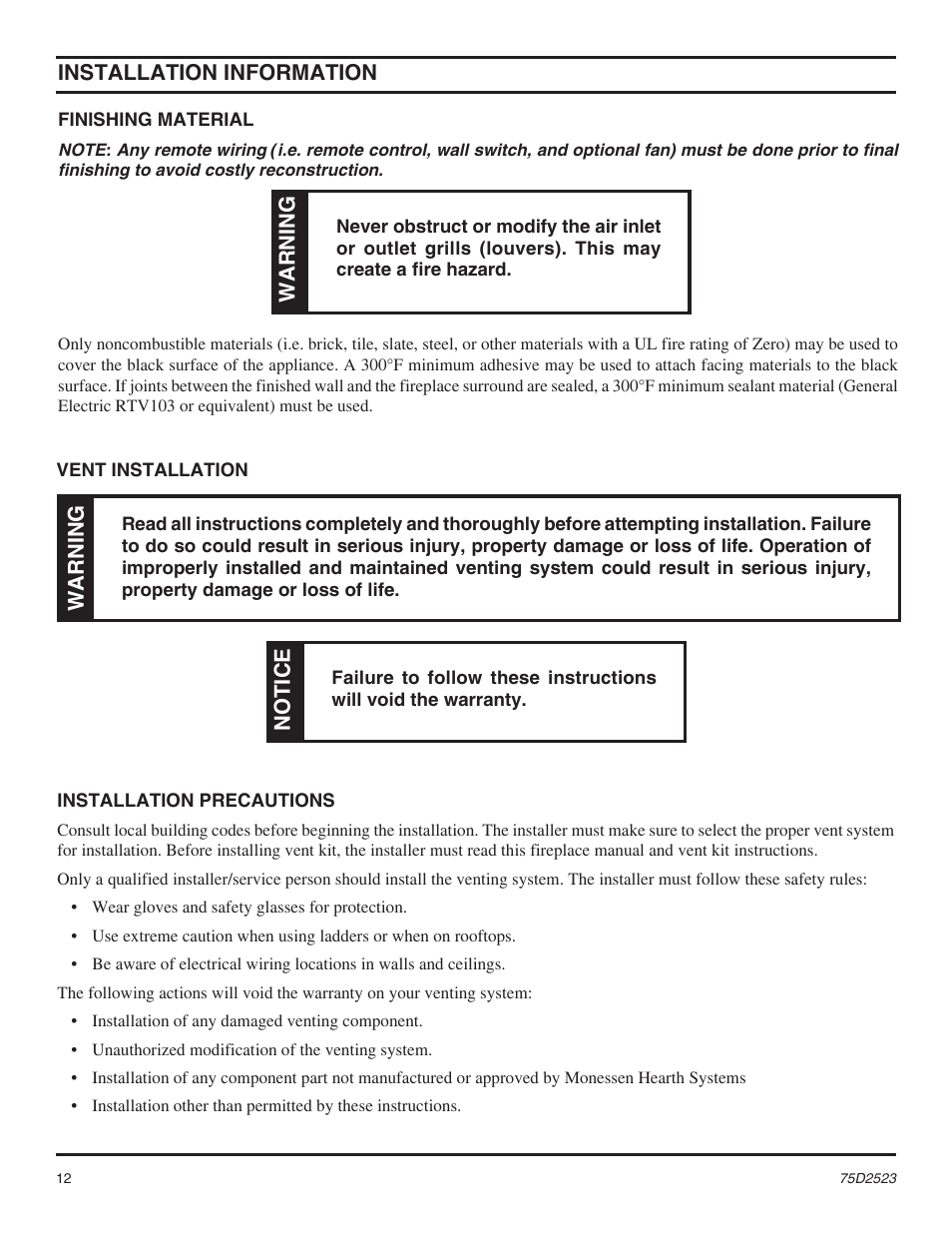 Monessen Hearth Direct Vent Gas Fireplace MDV500 User Manual | Page 12 / 60
