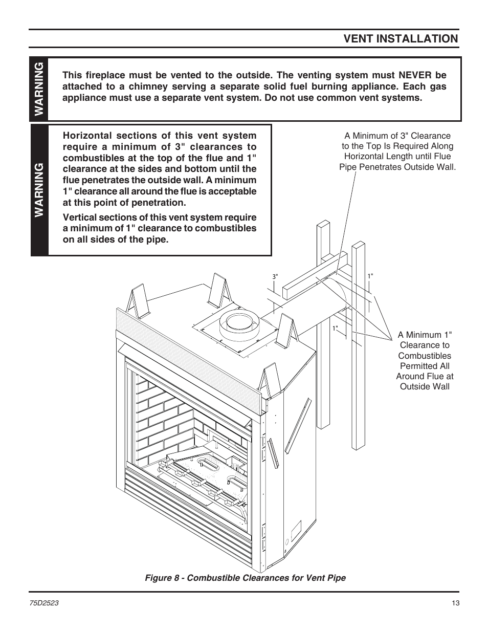Vent installation, Warning | Monessen Hearth Direct Vent Gas Fireplace MDV500 User Manual | Page 13 / 60