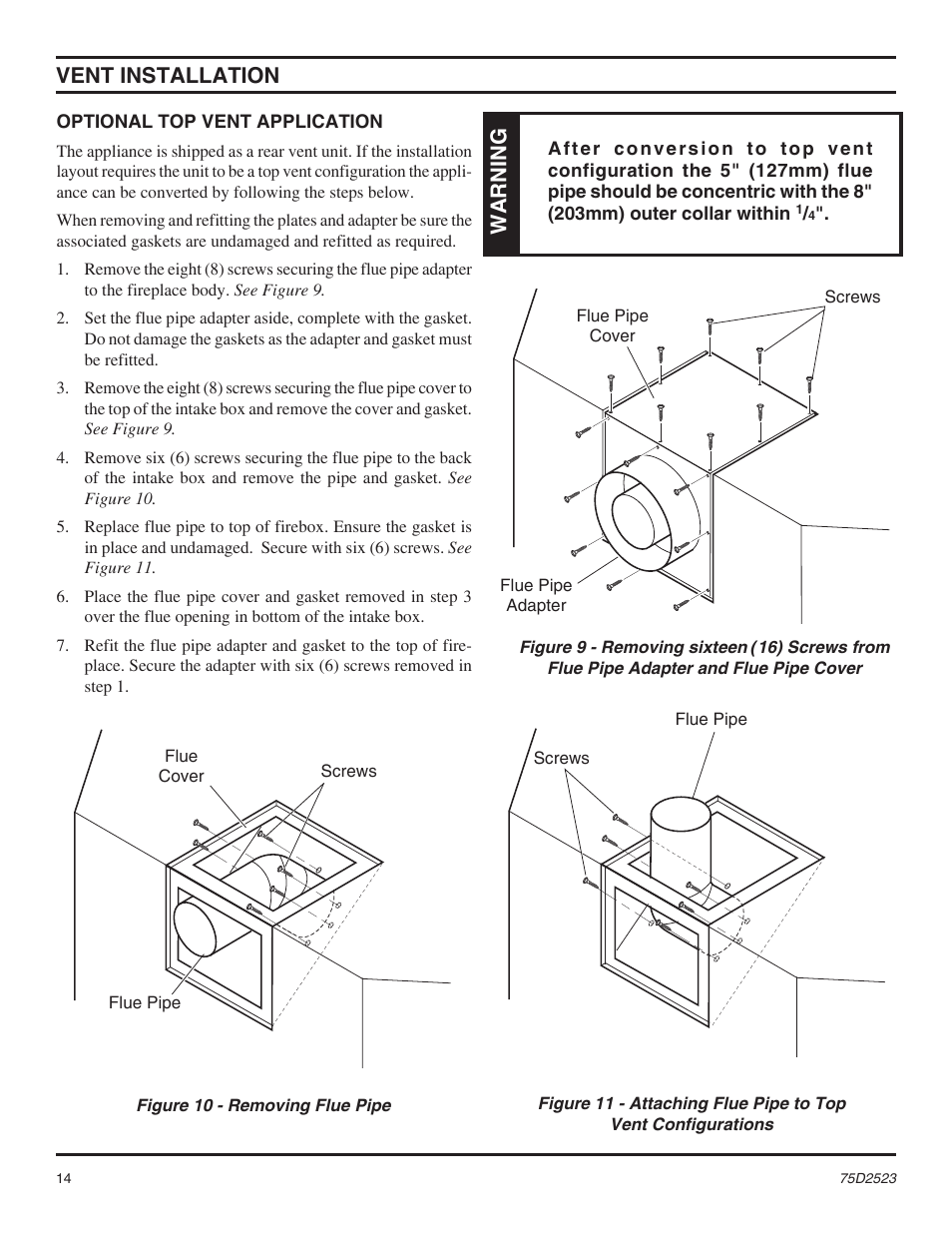 Vent installation, Warning | Monessen Hearth Direct Vent Gas Fireplace MDV500 User Manual | Page 14 / 60