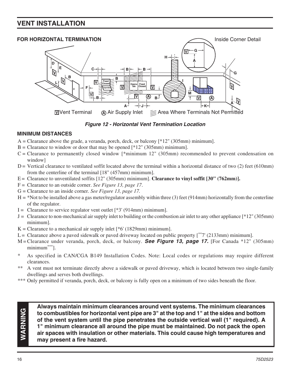 Vent installation, Warning | Monessen Hearth Direct Vent Gas Fireplace MDV500 User Manual | Page 16 / 60