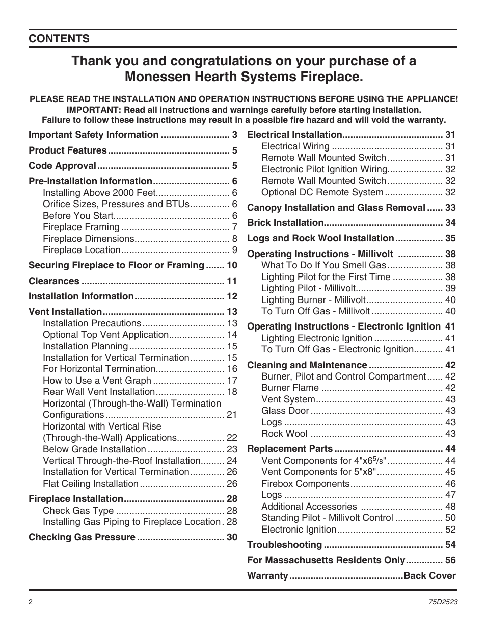 Monessen Hearth Direct Vent Gas Fireplace MDV500 User Manual | Page 2 / 60