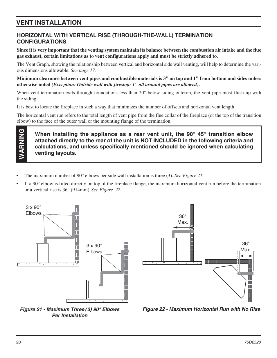 Vent installation, Warning | Monessen Hearth Direct Vent Gas Fireplace MDV500 User Manual | Page 20 / 60