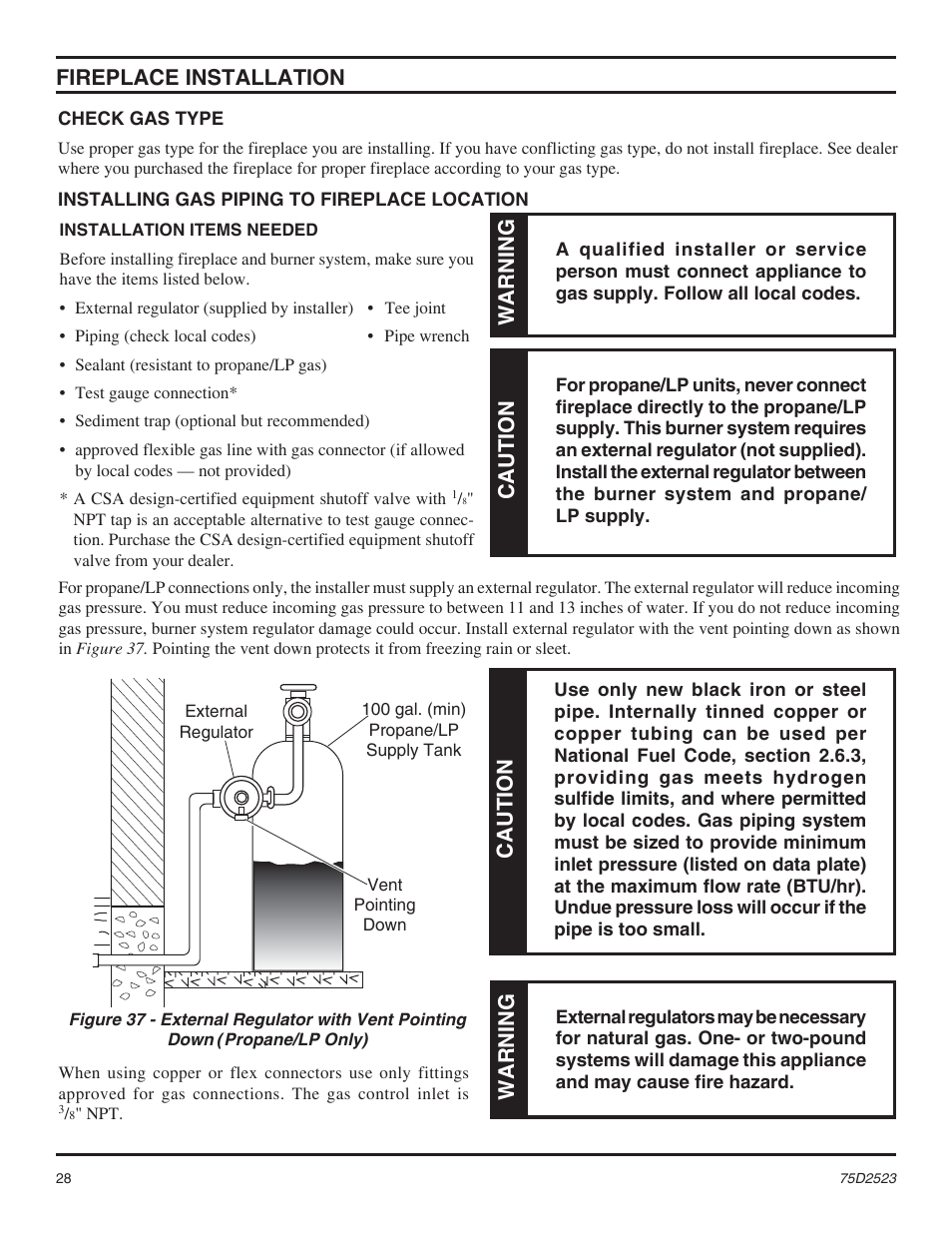 Fireplace installation, Warning, Caution | Monessen Hearth Direct Vent Gas Fireplace MDV500 User Manual | Page 28 / 60