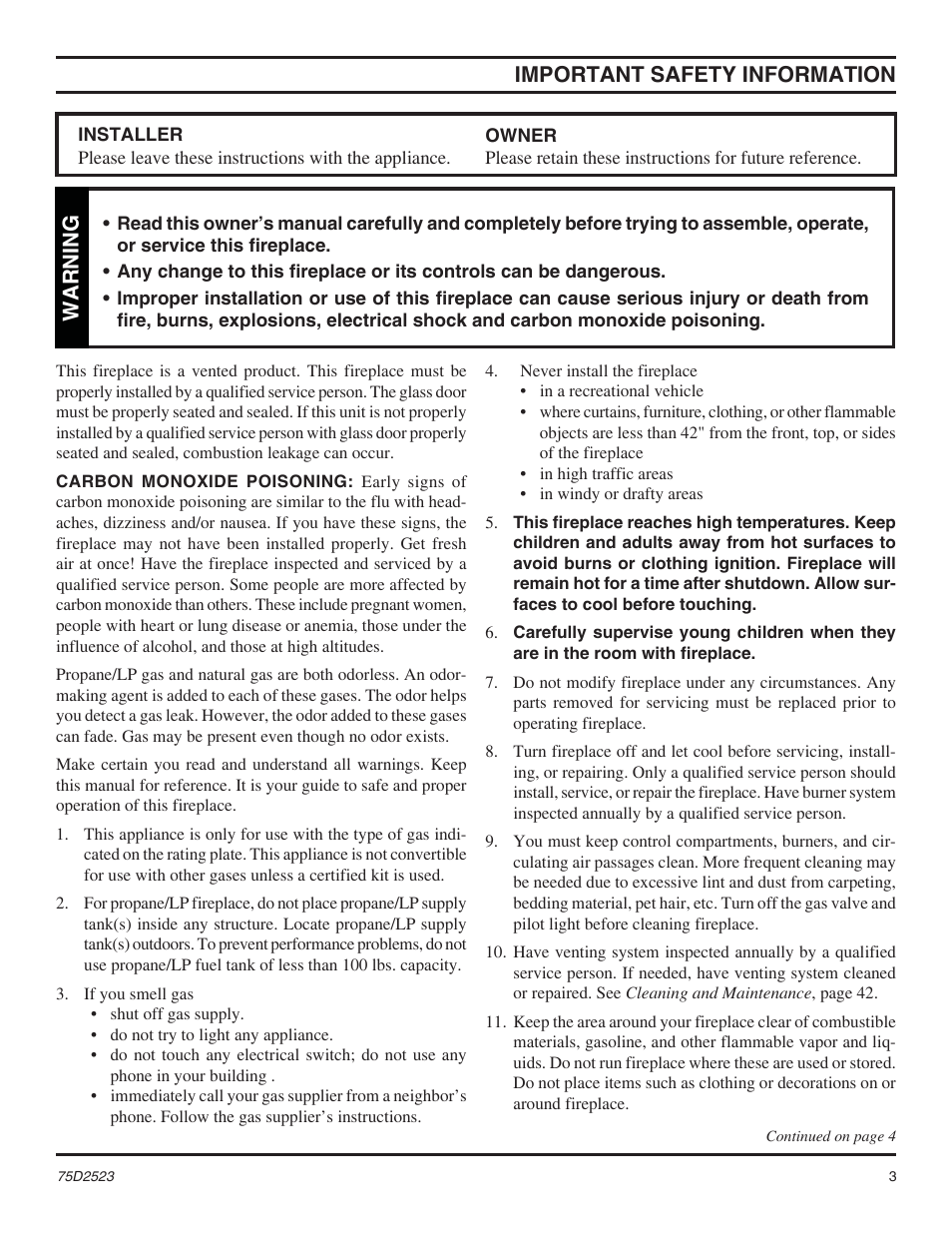 Important safety information, Warning | Monessen Hearth Direct Vent Gas Fireplace MDV500 User Manual | Page 3 / 60