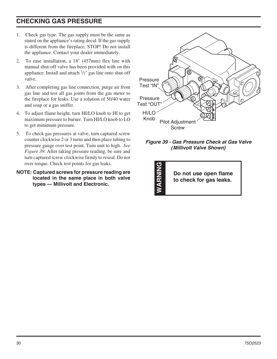 Checking gas pres sure, Warning | Monessen Hearth Direct Vent Gas Fireplace MDV500 User Manual | Page 30 / 60