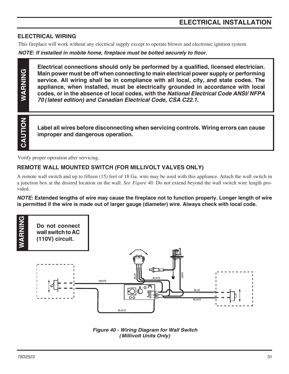 Electrical installation, Warning, Caution | Electrical wiring, Do not connect wall switch to ac (110v) circuit | Monessen Hearth Direct Vent Gas Fireplace MDV500 User Manual | Page 31 / 60