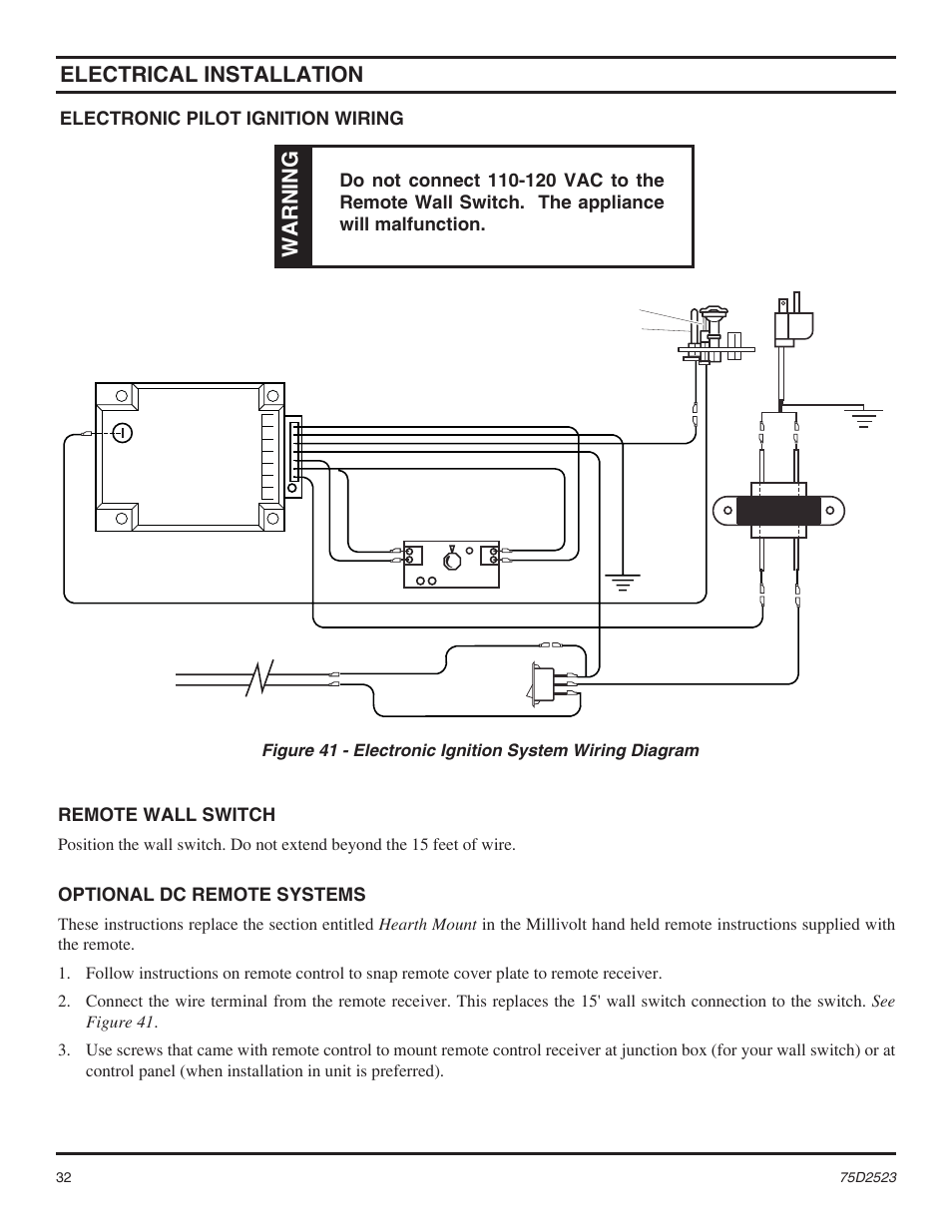 Electrical installation, Warning, Optional dc remote systems | Monessen Hearth Direct Vent Gas Fireplace MDV500 User Manual | Page 32 / 60
