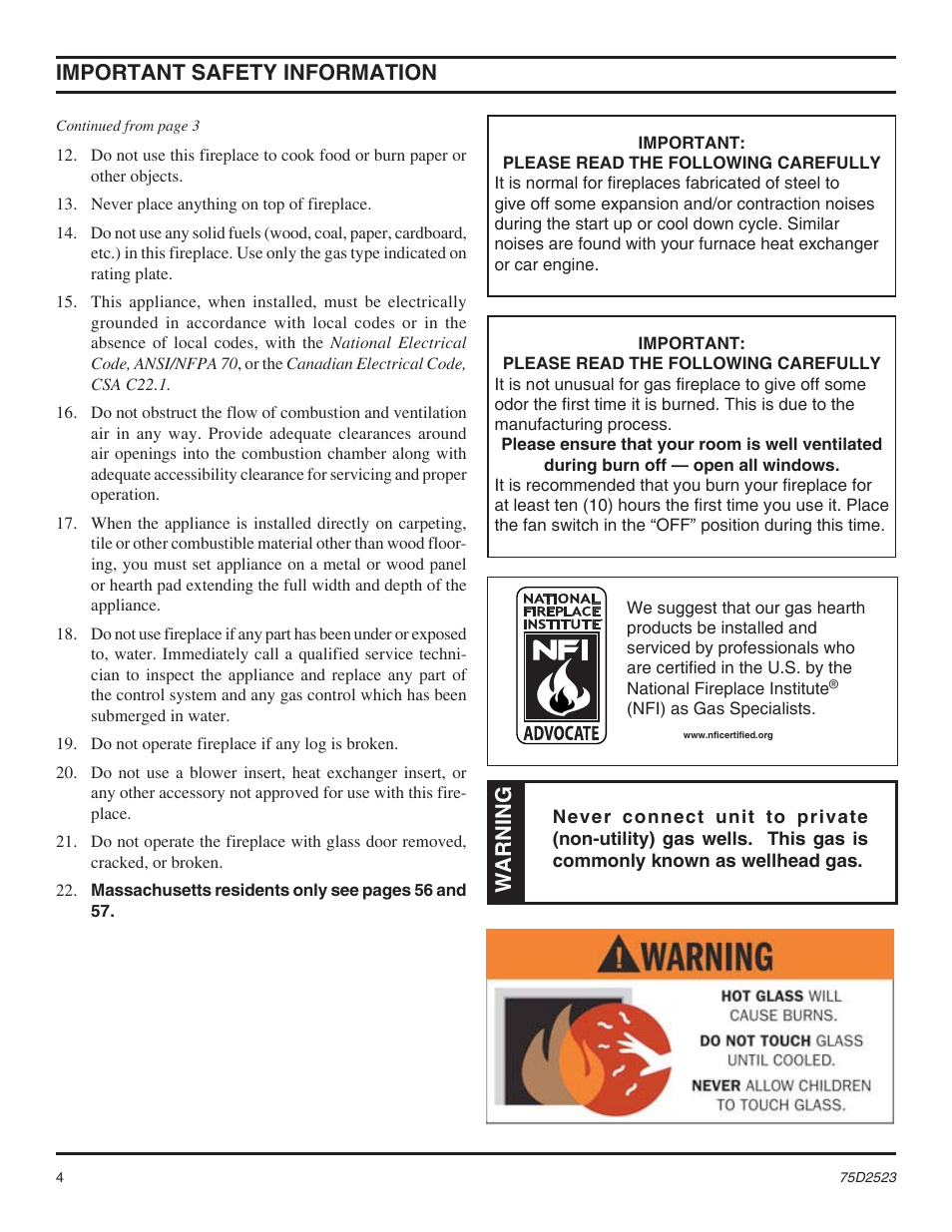 Important safety information, Warning | Monessen Hearth Direct Vent Gas Fireplace MDV500 User Manual | Page 4 / 60