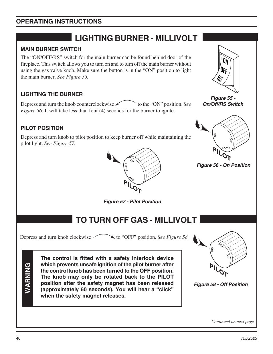 Lighting burner - millivolt, Pilo t, Rs off | Operating instructions, Warning | Monessen Hearth Direct Vent Gas Fireplace MDV500 User Manual | Page 40 / 60