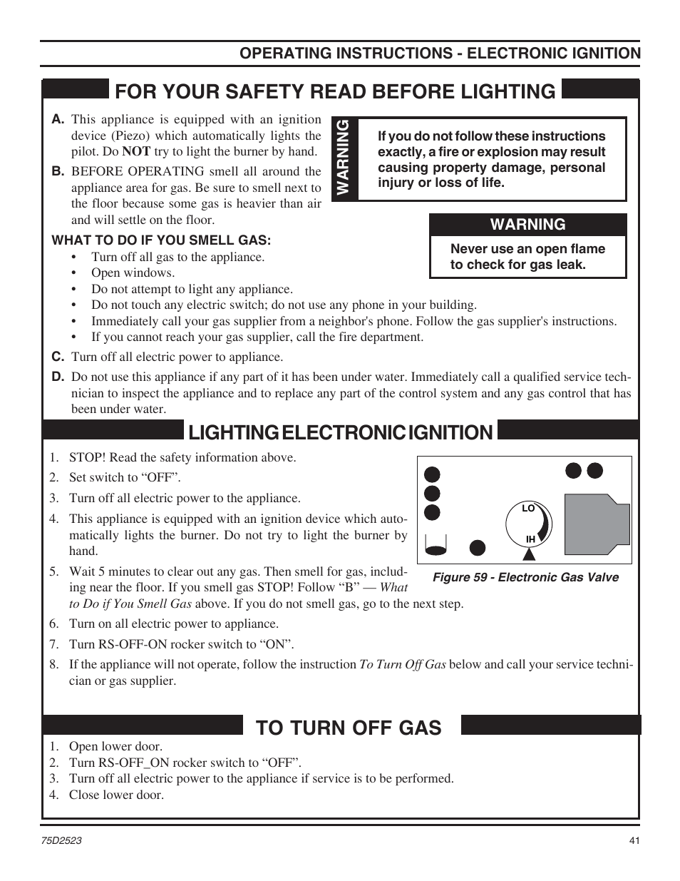 Lighting electronic ignition | Monessen Hearth Direct Vent Gas Fireplace MDV500 User Manual | Page 41 / 60