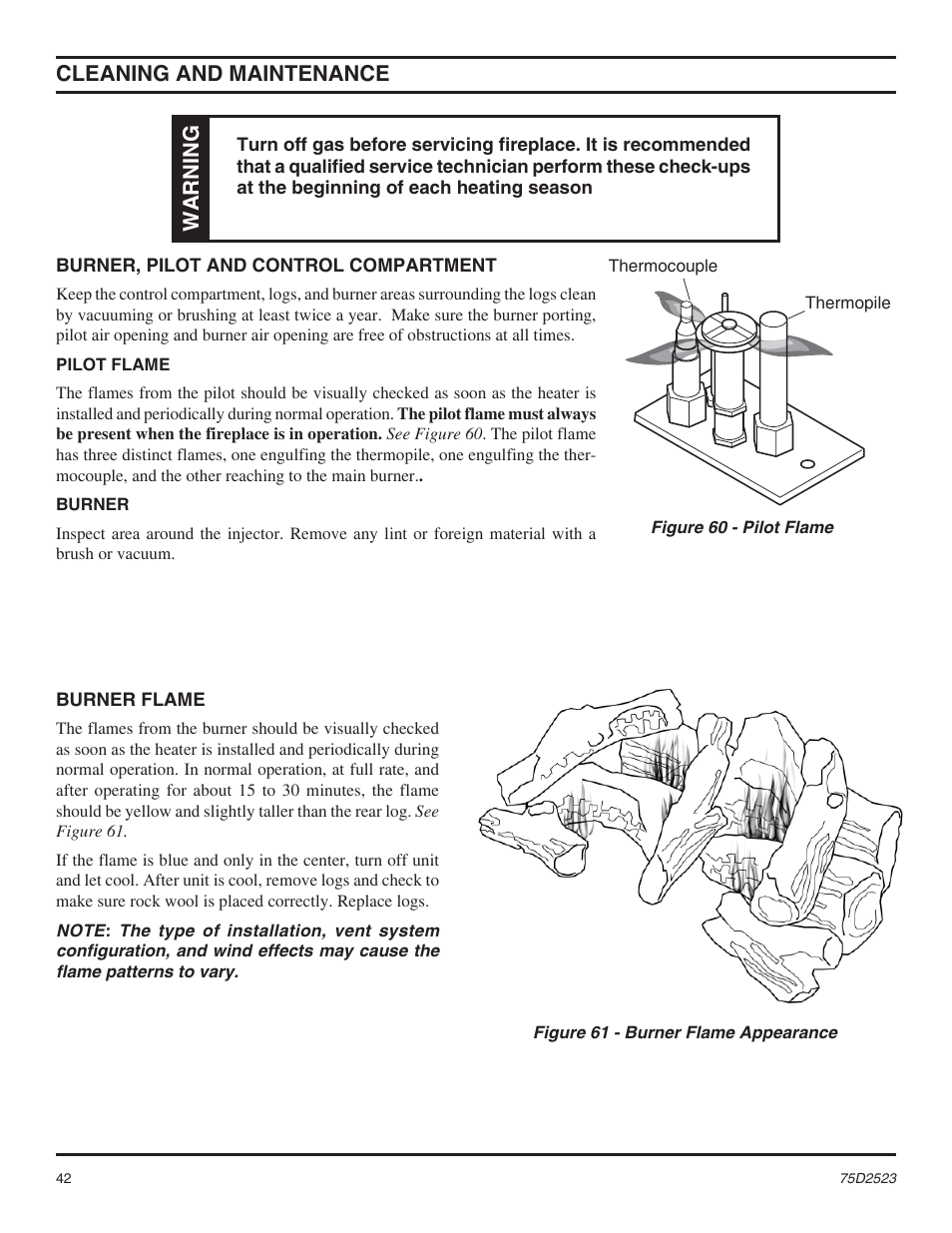 Cleaning and maintenance, Warning | Monessen Hearth Direct Vent Gas Fireplace MDV500 User Manual | Page 42 / 60