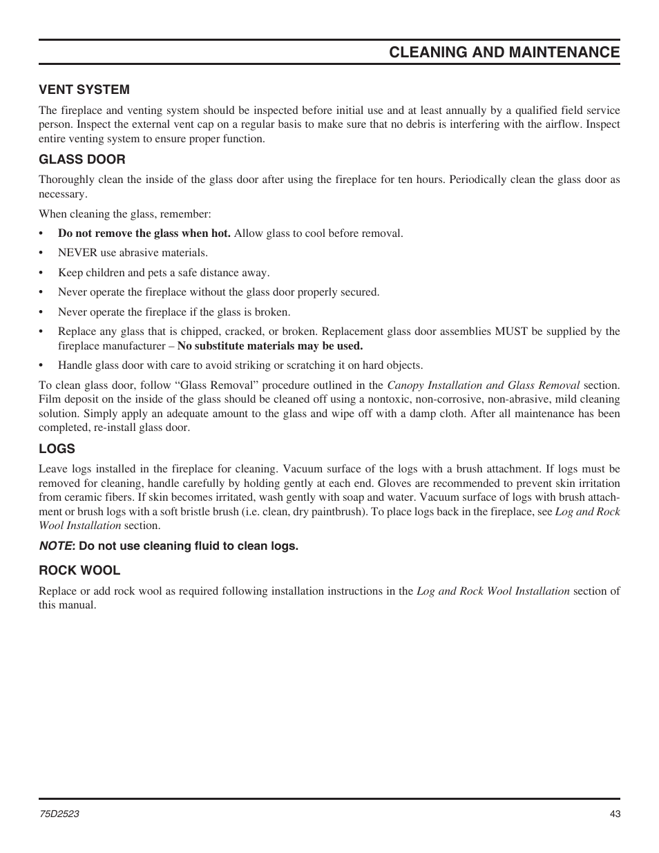 Cleaning and maintenance | Monessen Hearth Direct Vent Gas Fireplace MDV500 User Manual | Page 43 / 60