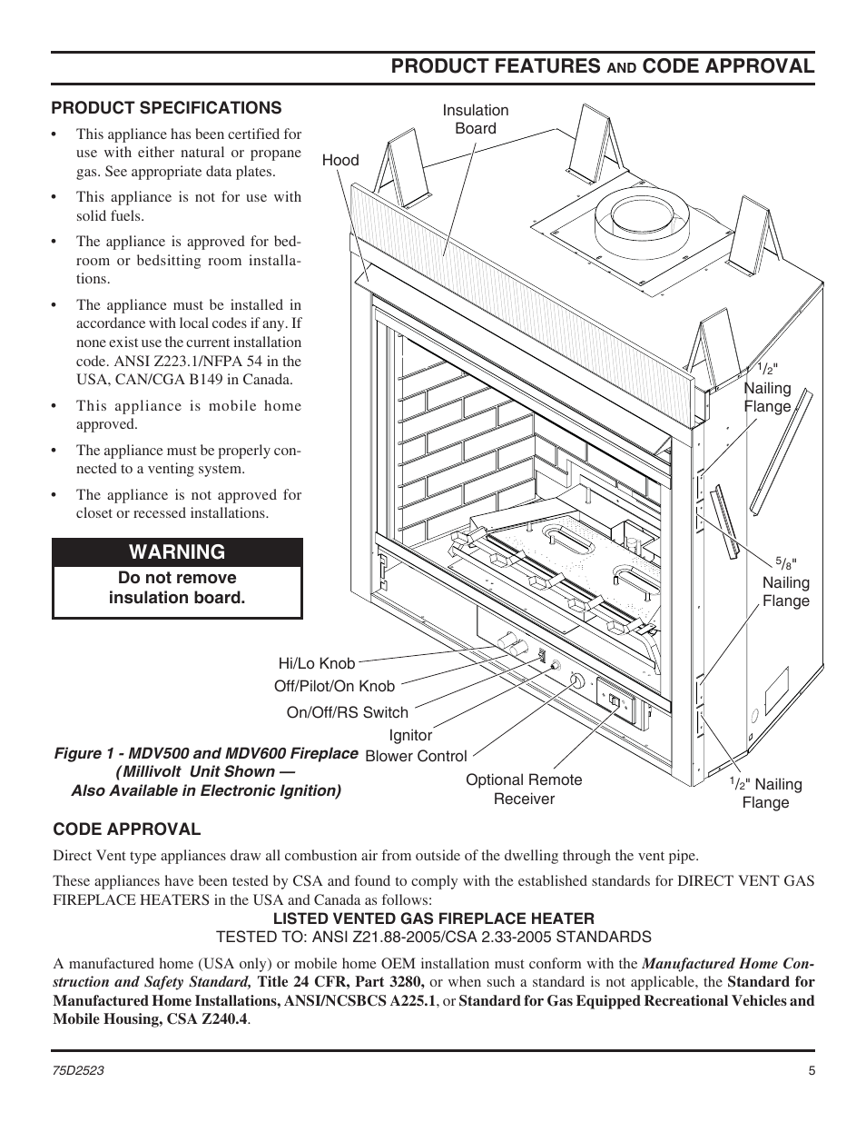 Product features, Code approval, Warning | Monessen Hearth Direct Vent Gas Fireplace MDV500 User Manual | Page 5 / 60