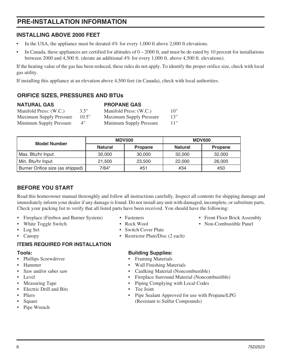 Pre-installation information | Monessen Hearth Direct Vent Gas Fireplace MDV500 User Manual | Page 6 / 60