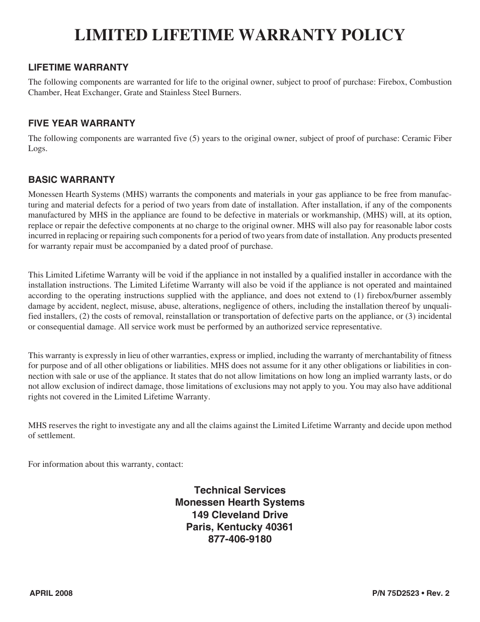 Limited lifetime warranty policy | Monessen Hearth Direct Vent Gas Fireplace MDV500 User Manual | Page 60 / 60