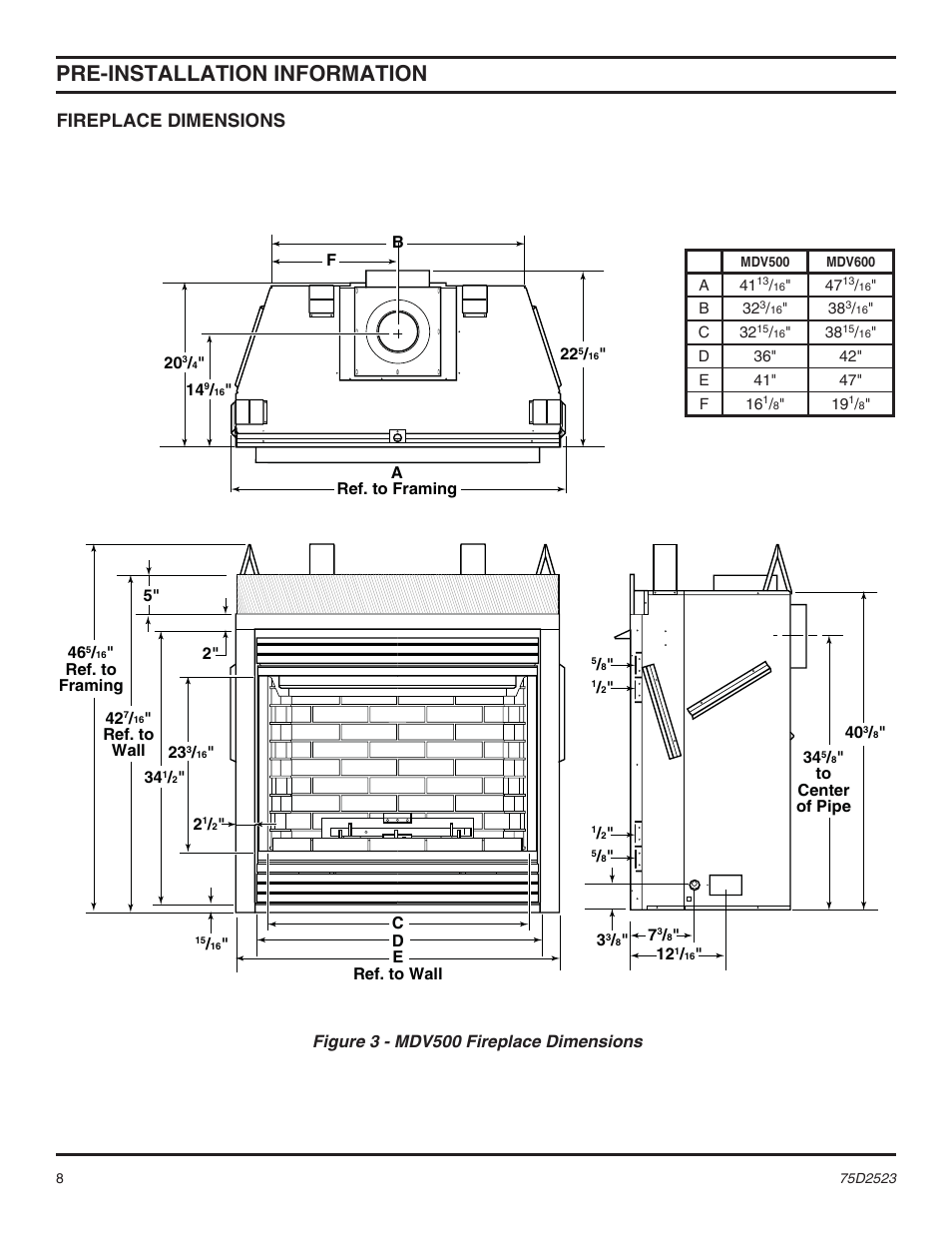 Pre-installation information, Fireplace dimensions | Monessen Hearth Direct Vent Gas Fireplace MDV500 User Manual | Page 8 / 60