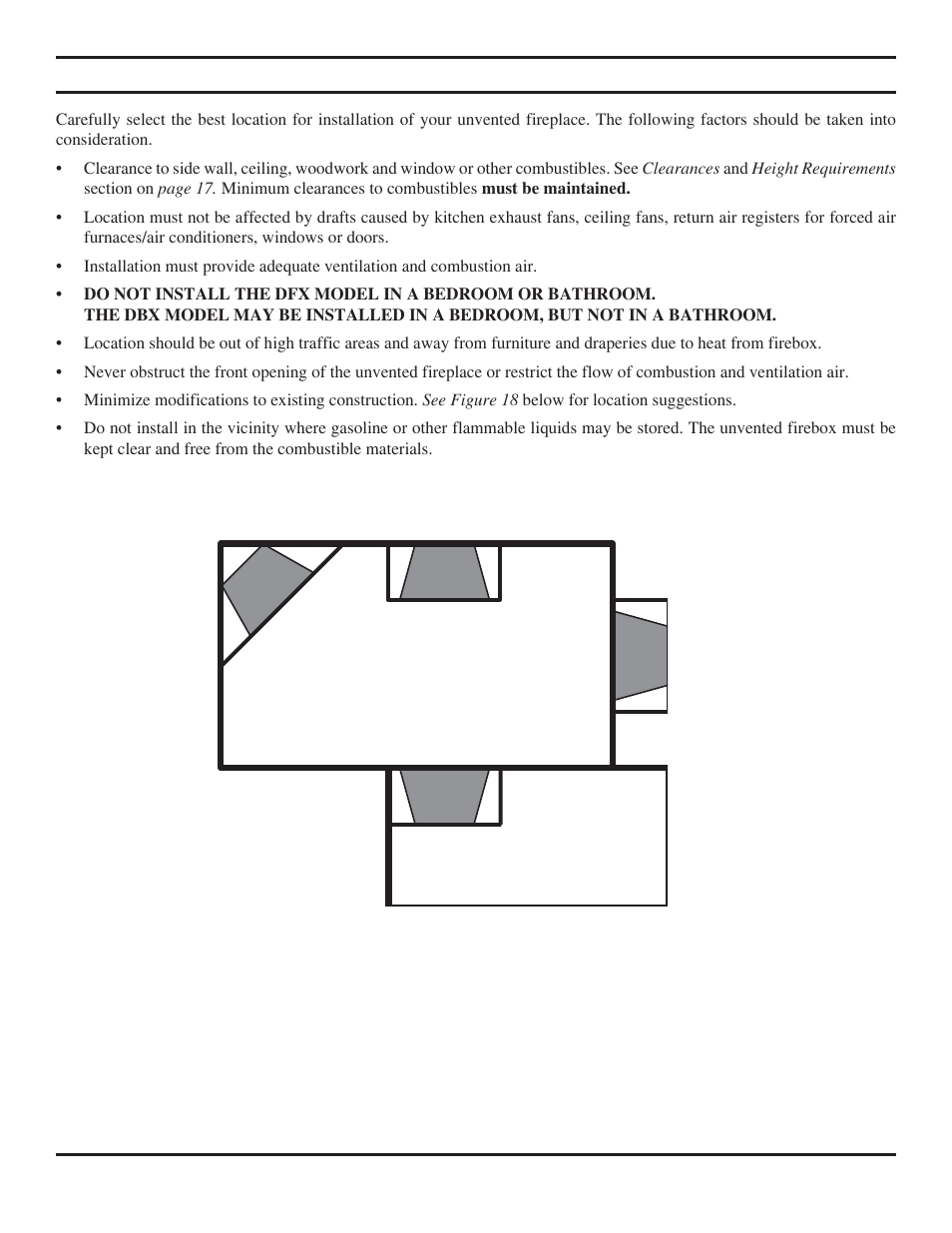 Location of fireplace | Monessen Hearth Vent-Free Fireplace Systems DBX24C* User Manual | Page 16 / 44