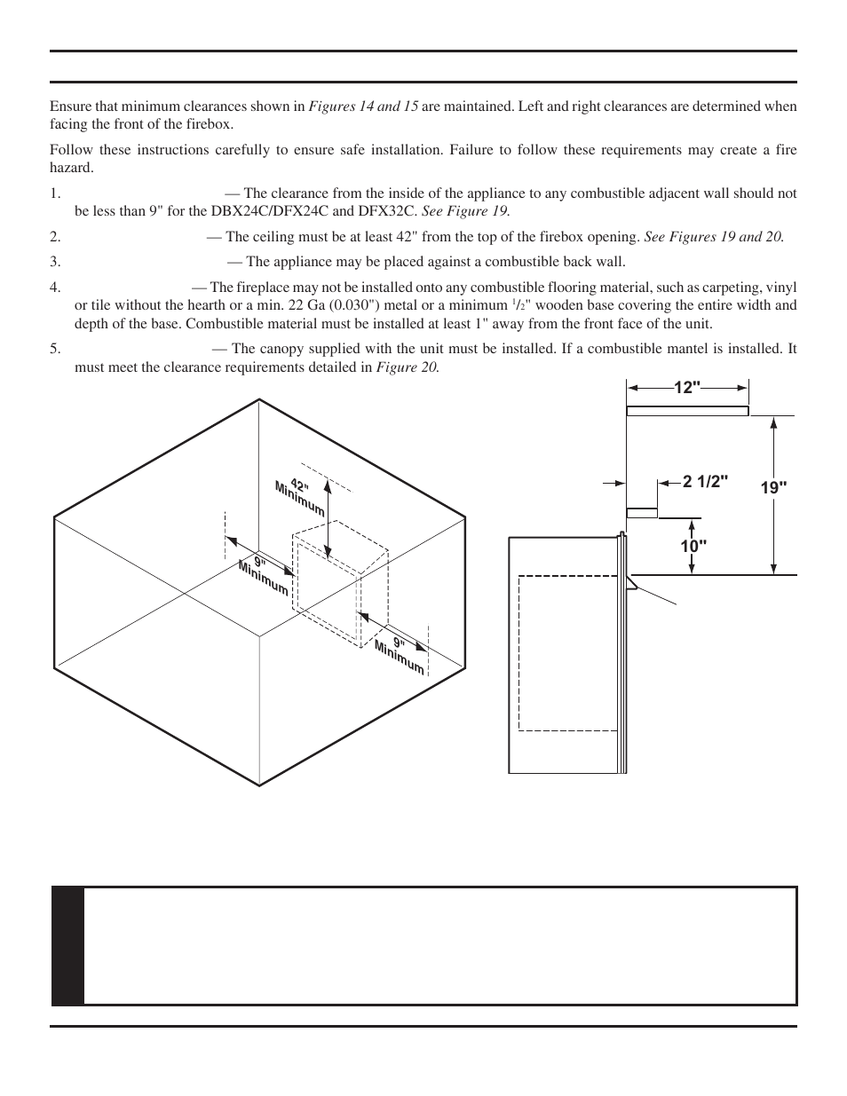 Clearances and height requirements, Warning | Monessen Hearth Vent-Free Fireplace Systems DBX24C* User Manual | Page 17 / 44