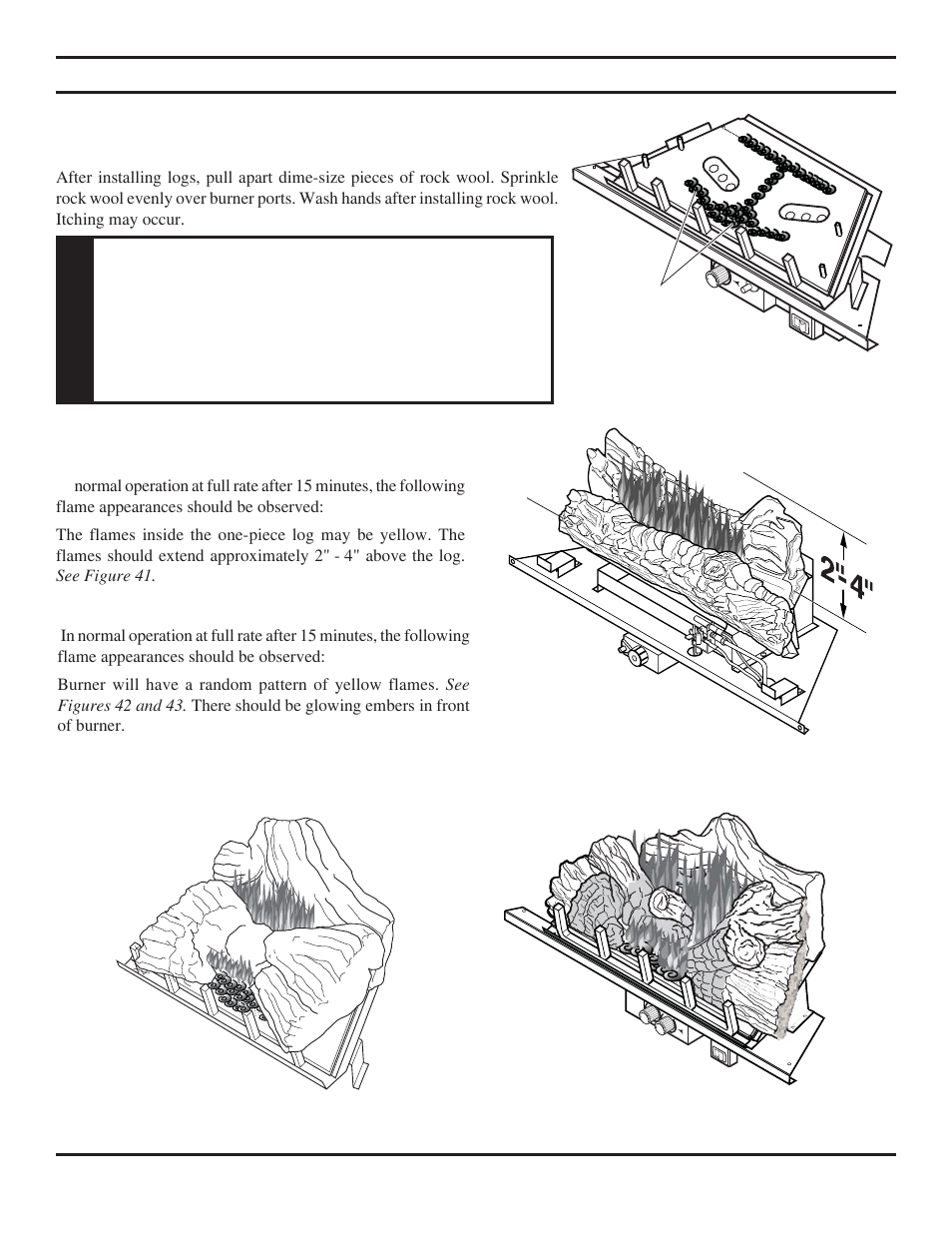Installing rock wool and checking burner flame, Warning | Monessen Hearth Vent-Free Fireplace Systems DBX24C* User Manual | Page 27 / 44