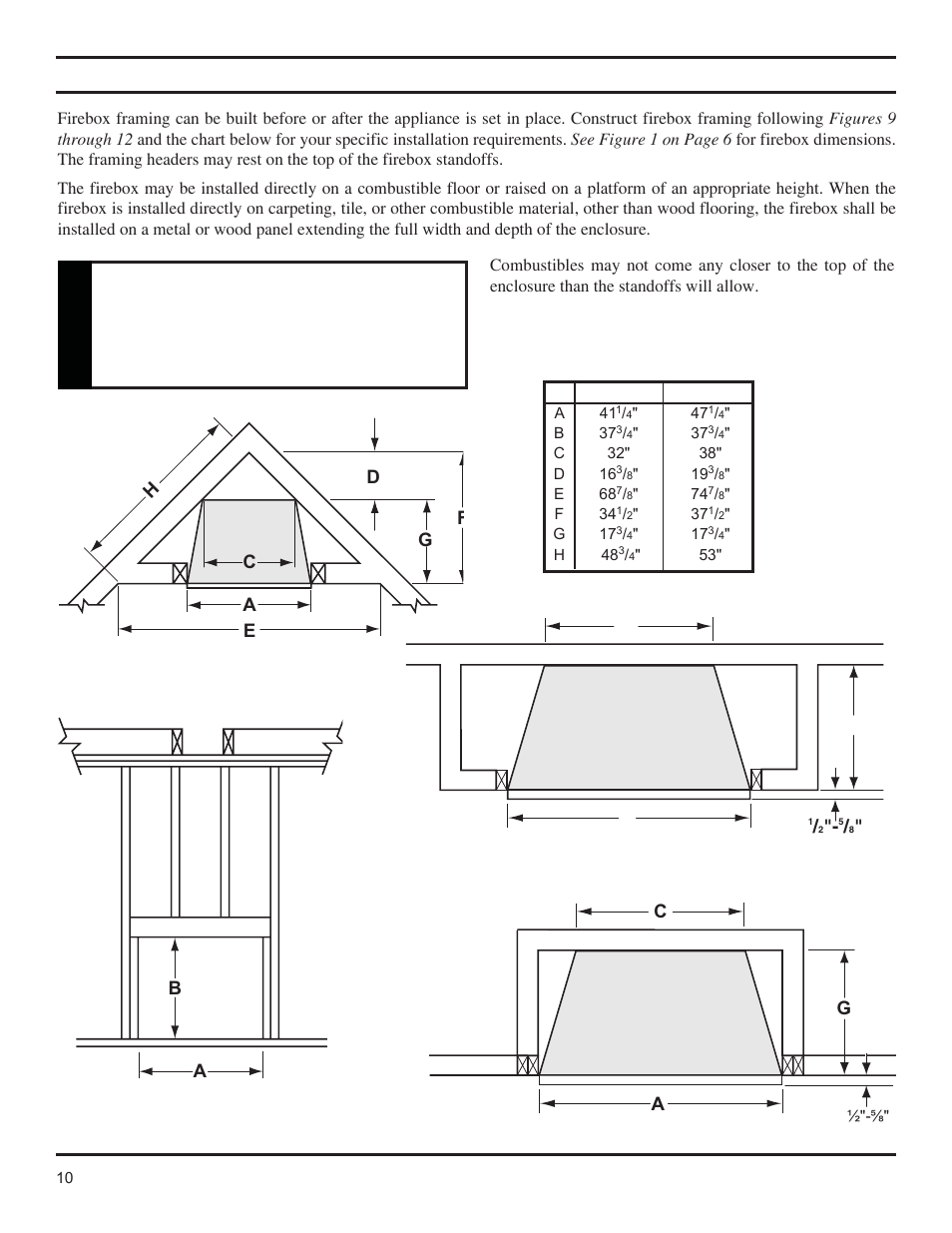 Fireplace framing, Warning | Monessen Hearth Magnum Unvented Vent-Free Fireboxes MCUF42D SERIES User Manual | Page 10 / 20