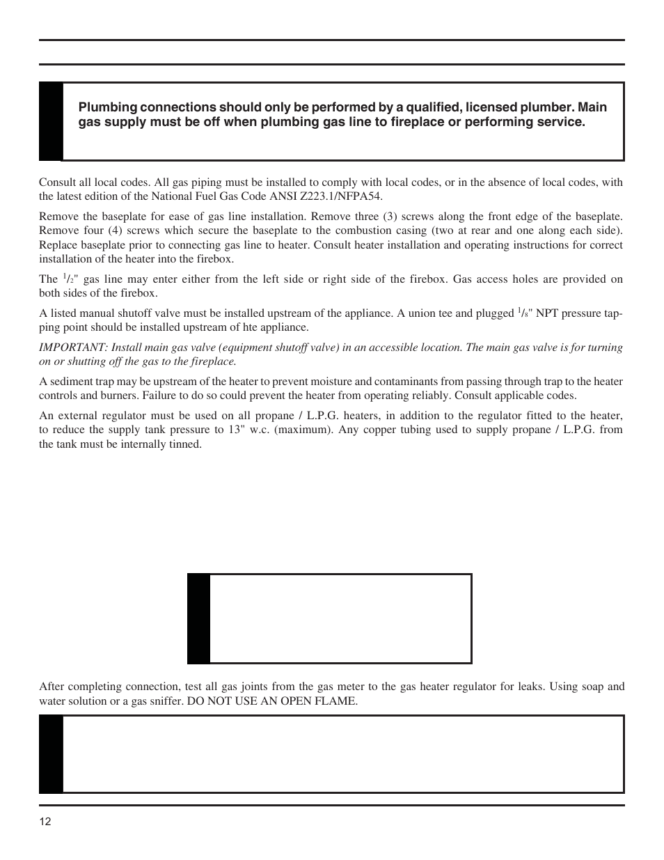 Gas line installation, Warning | Monessen Hearth Magnum Unvented Vent-Free Fireboxes MCUF42D SERIES User Manual | Page 12 / 20