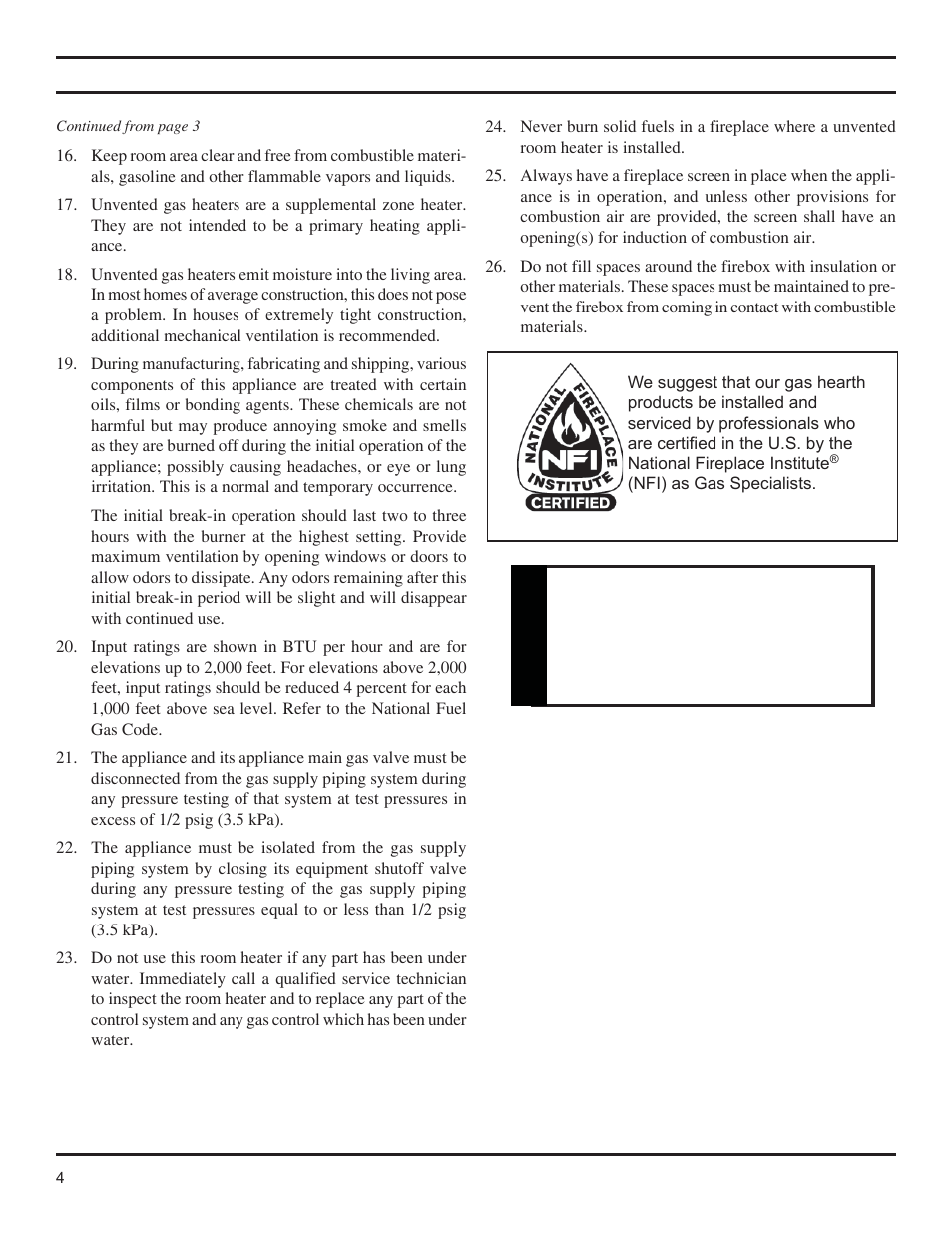 Warning, Important safety information | Monessen Hearth Magnum Unvented Vent-Free Fireboxes MCUF42D SERIES User Manual | Page 4 / 20