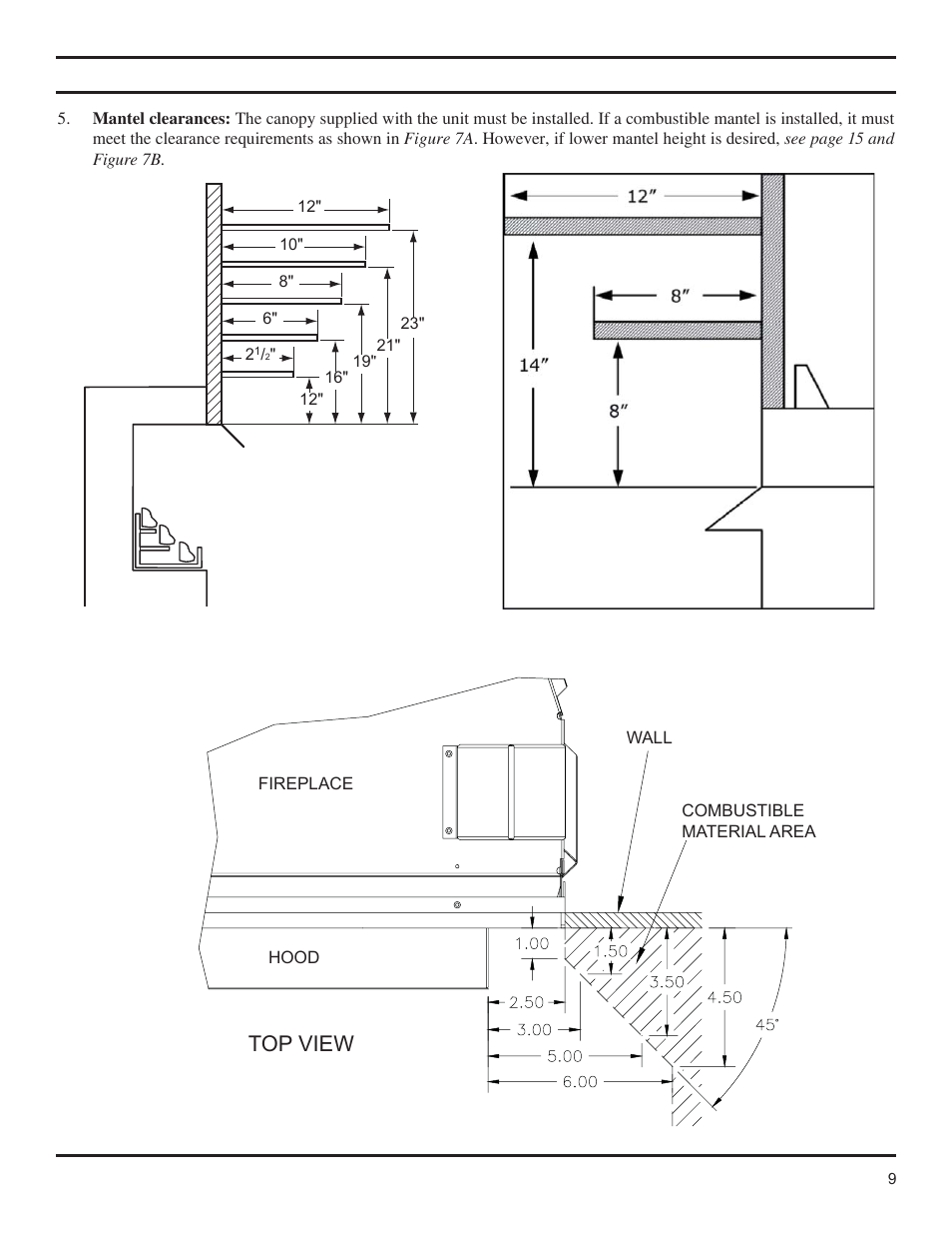 Clearances, Height requirements, Top view | Monessen Hearth Magnum Unvented Vent-Free Fireboxes MCUF42D SERIES User Manual | Page 9 / 20