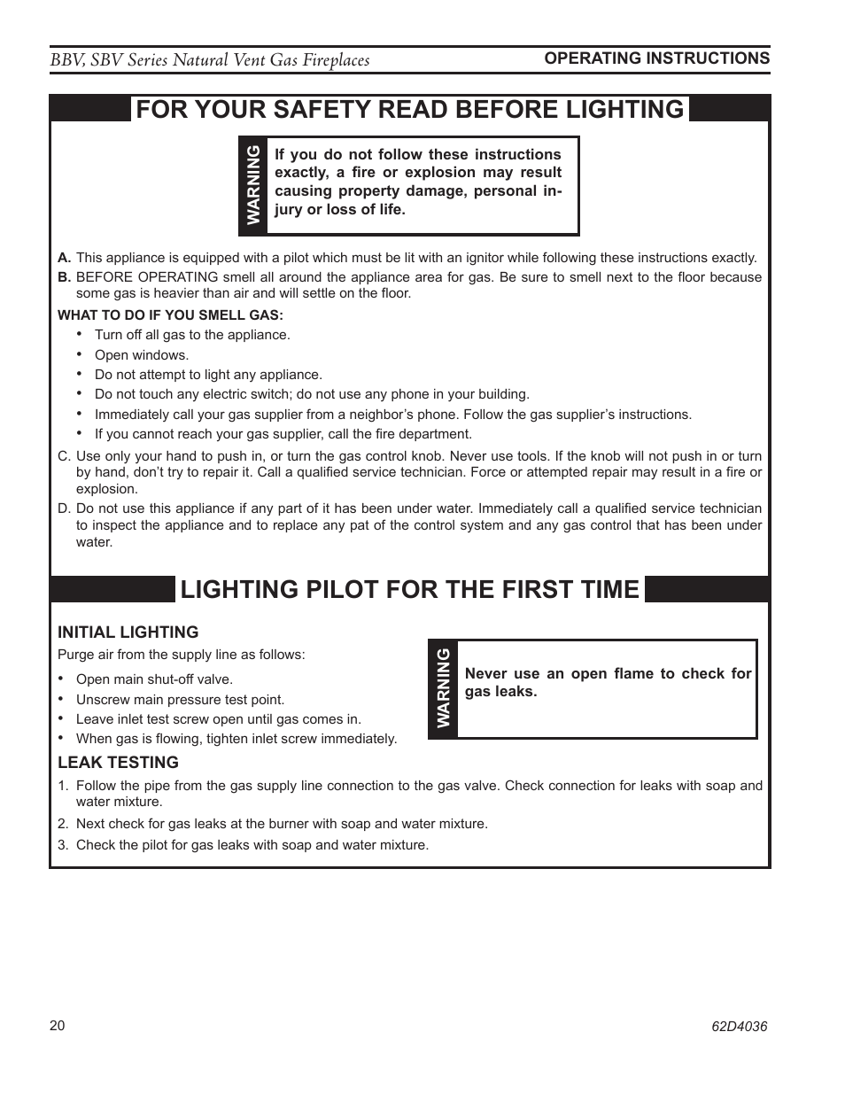 For your safety read before lighting, Lighting pilot for the first time, Bbv, sbv series natural vent gas fireplaces | Monessen Hearth BBV400 User Manual | Page 20 / 40