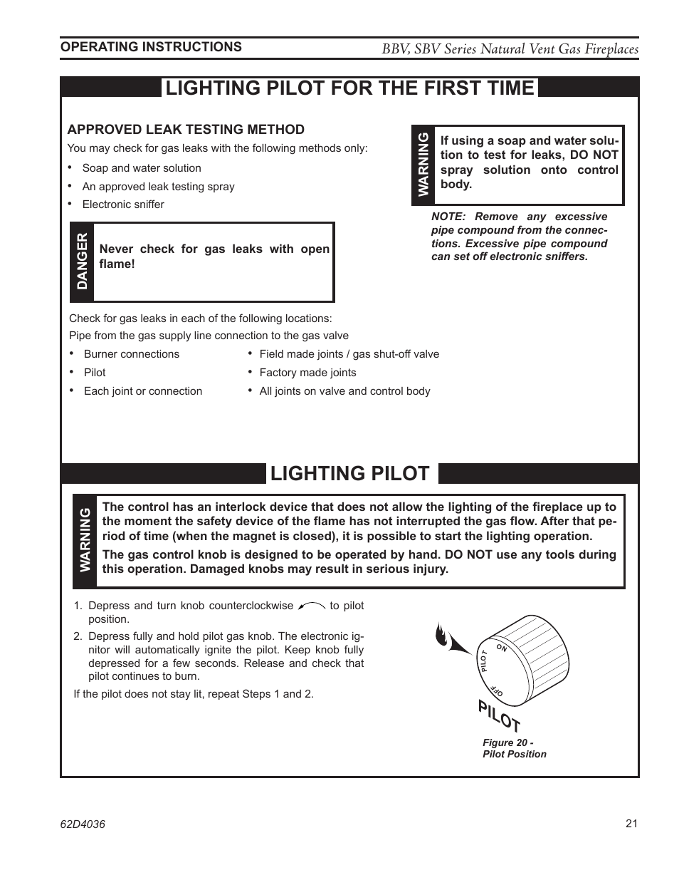 Lighting pilot for the first time lighting pilot, Bbv, sbv series natural vent gas fireplaces | Monessen Hearth BBV400 User Manual | Page 21 / 40