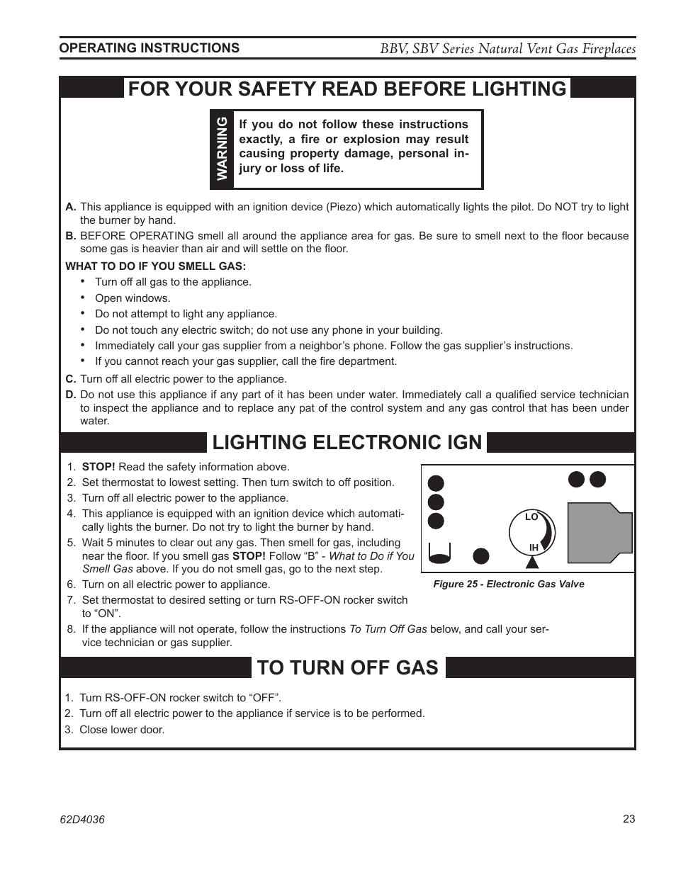 For your safety read before lighting, Lighting electronic ign, Bbv, sbv series natural vent gas fireplaces | Monessen Hearth BBV400 User Manual | Page 23 / 40