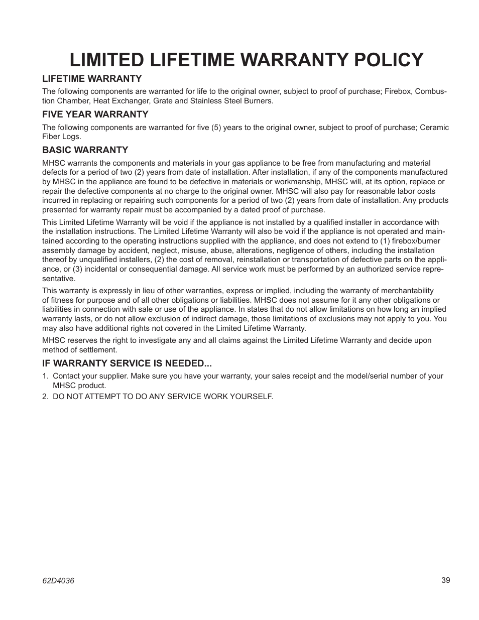 Limited lifetime warranty policy | Monessen Hearth BBV400 User Manual | Page 39 / 40