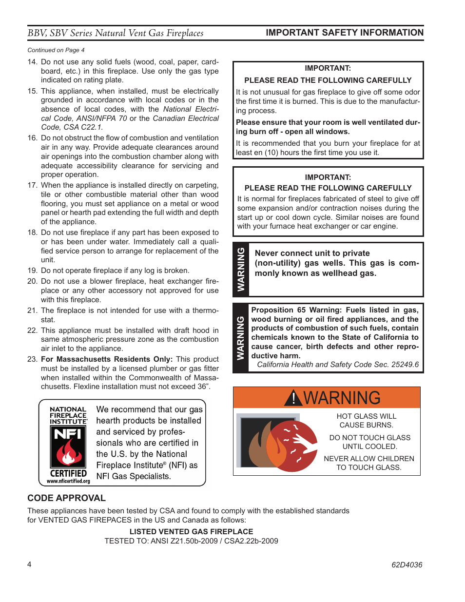 Warning, Bbv, sbv series natural vent gas fireplaces | Monessen Hearth BBV400 User Manual | Page 4 / 40