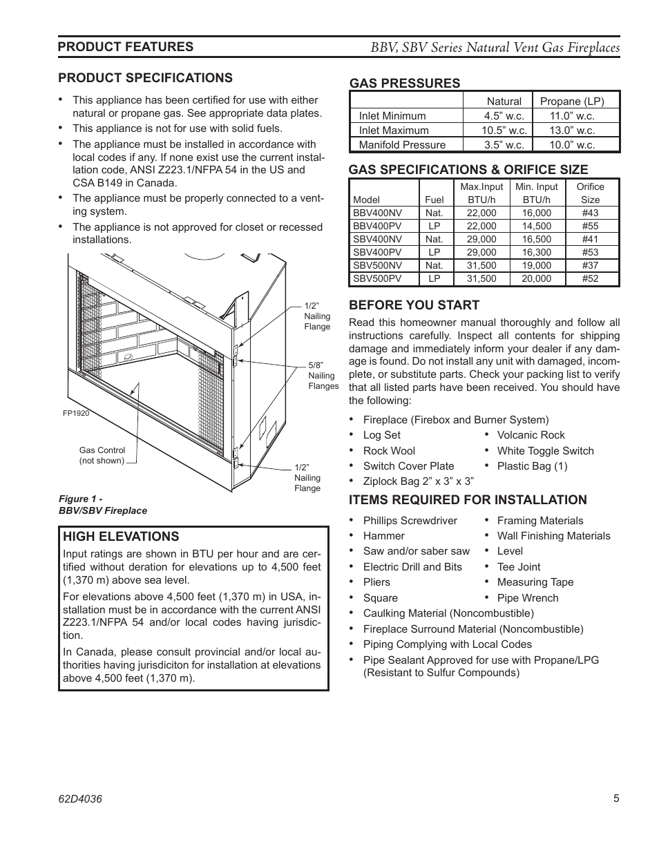 Bbv, sbv series natural vent gas fireplaces | Monessen Hearth BBV400 User Manual | Page 5 / 40