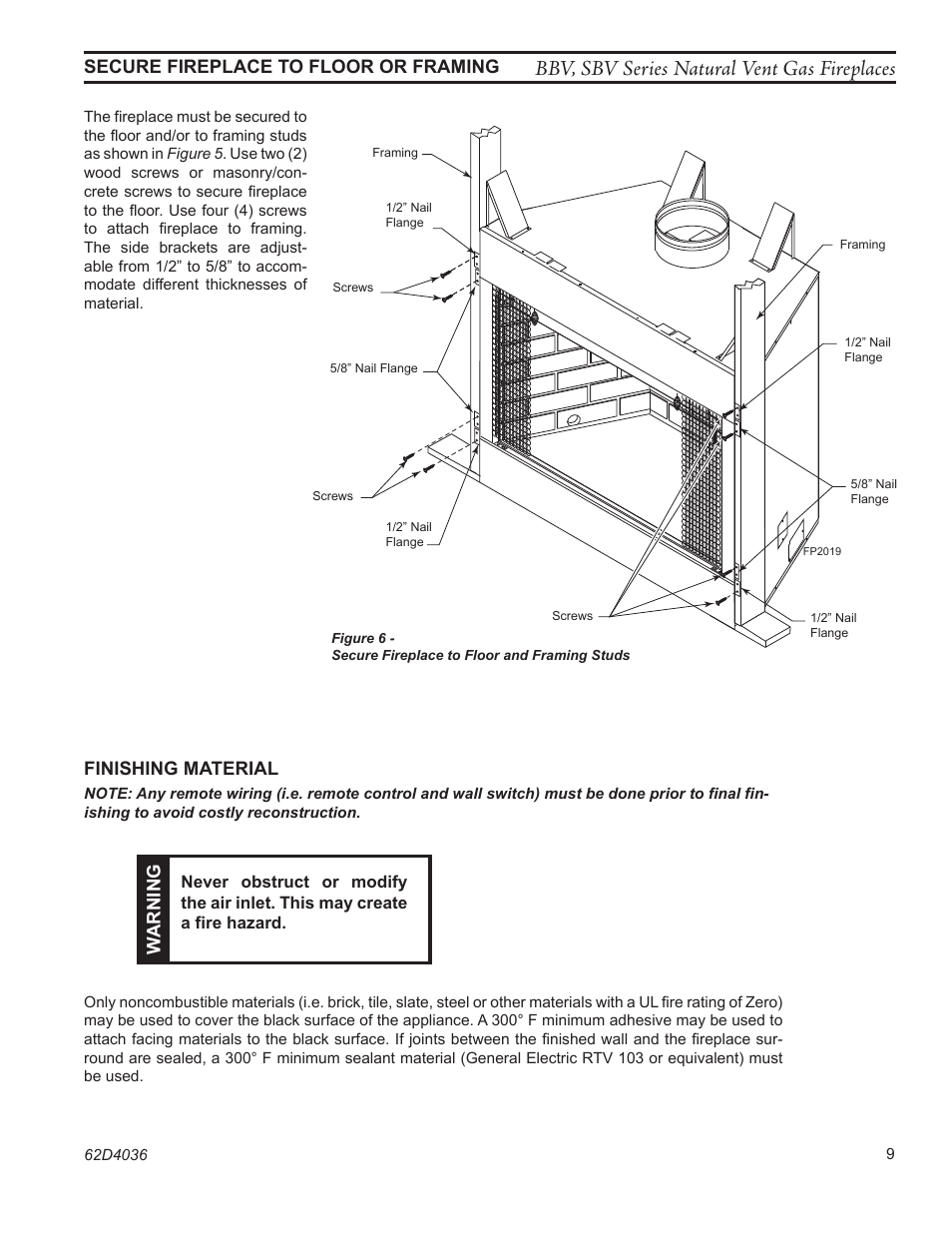 Bbv, sbv series natural vent gas fireplaces, 0 secure, Secure fireplace to floor or framing | Finishing material, Warning | Monessen Hearth BBV400 User Manual | Page 9 / 40