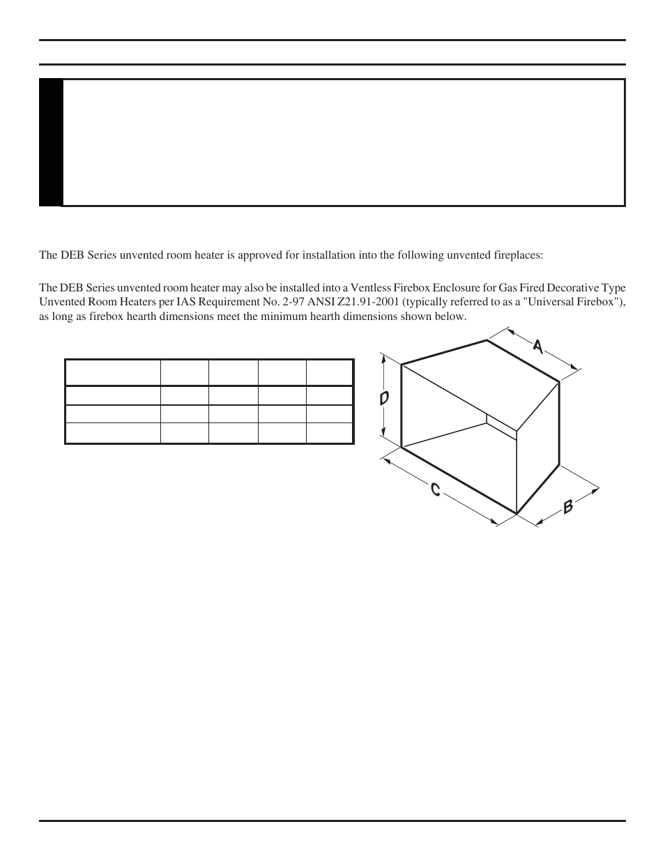Ac d b, Fireplace and hearth dimensions, Warning | Monessen Hearth DEB20 User Manual | Page 10 / 40