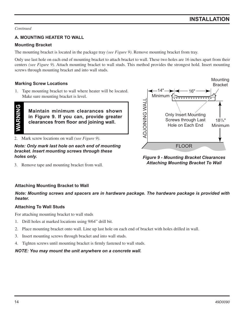 Installation, Warning | Monessen Hearth BTU/Hr User Manual | Page 14 / 32